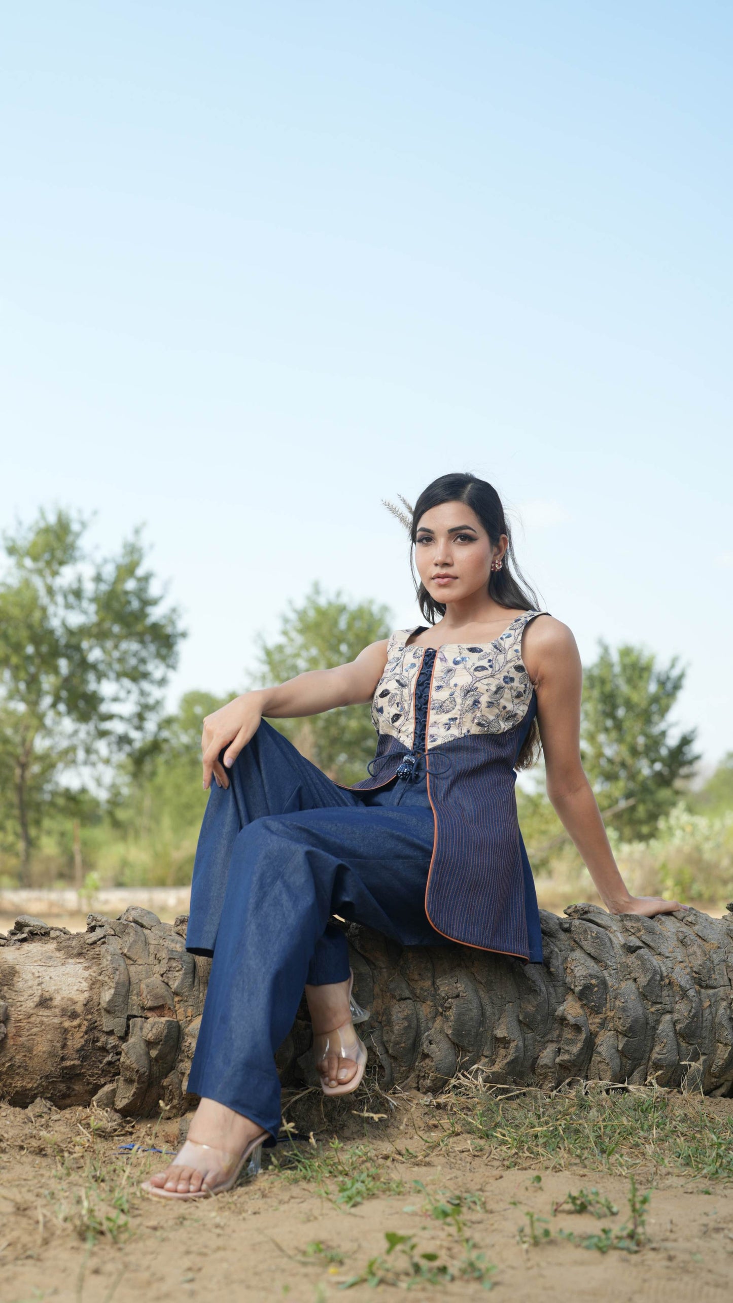 Naham - Blue Peplum Top with Bell Bottom Pant Set