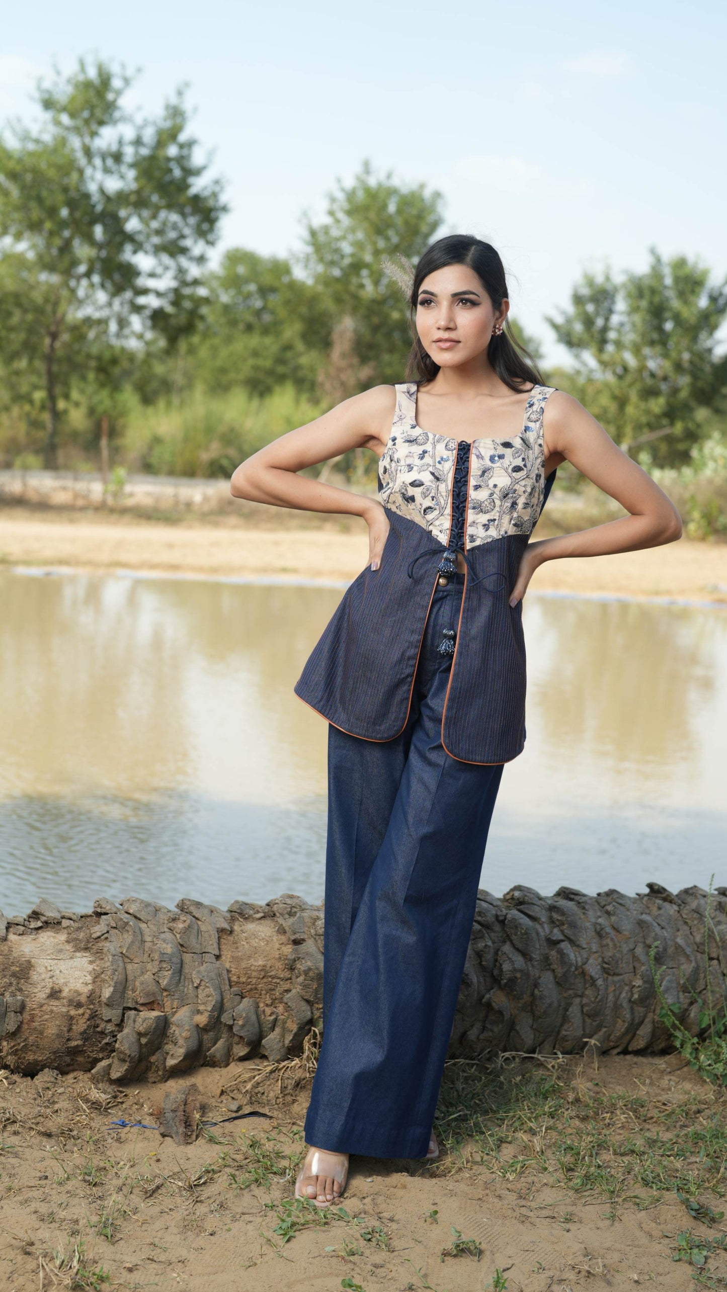 Naham - Blue Peplum Top with Bell Bottom Pant Set