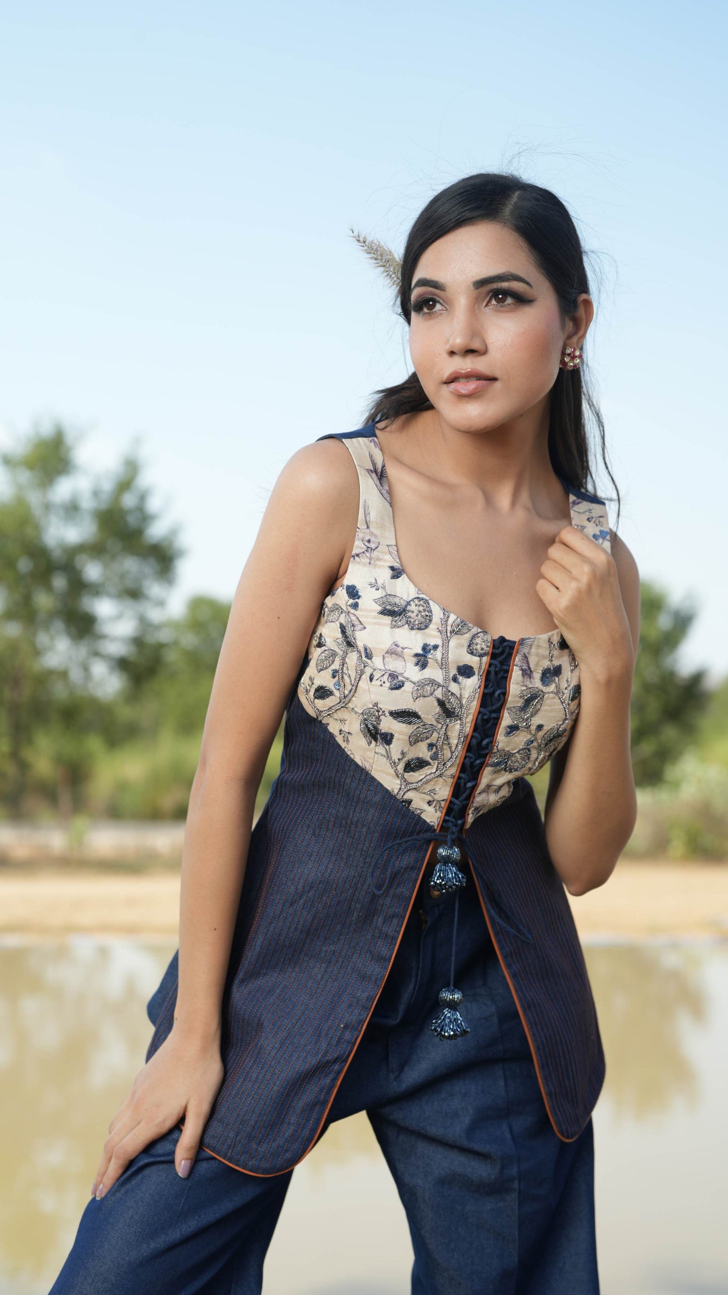 Naham - Blue Peplum Top with Bell Bottom Pant Set