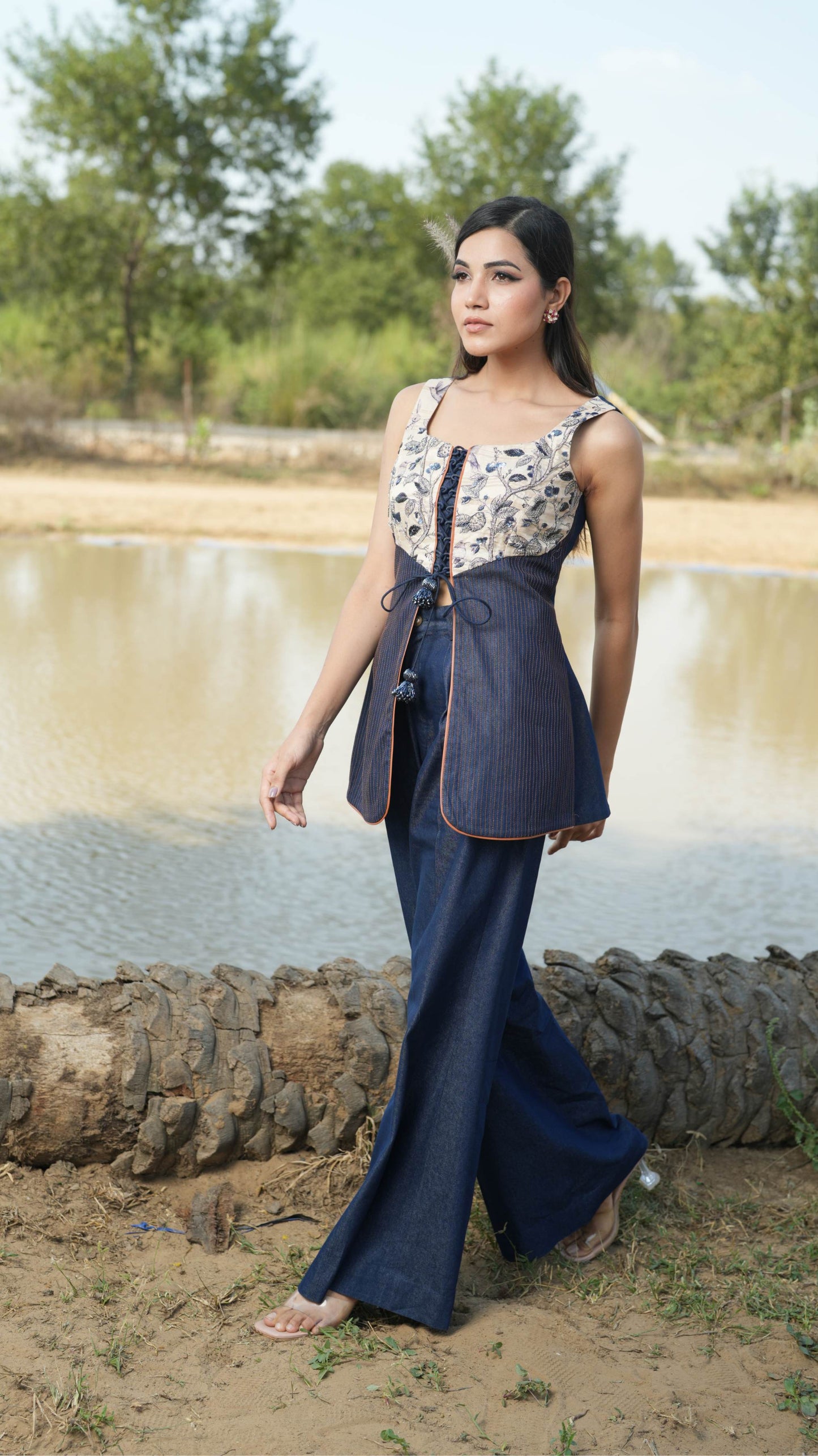 Naham - Blue Peplum Top with Bell Bottom Pant Set