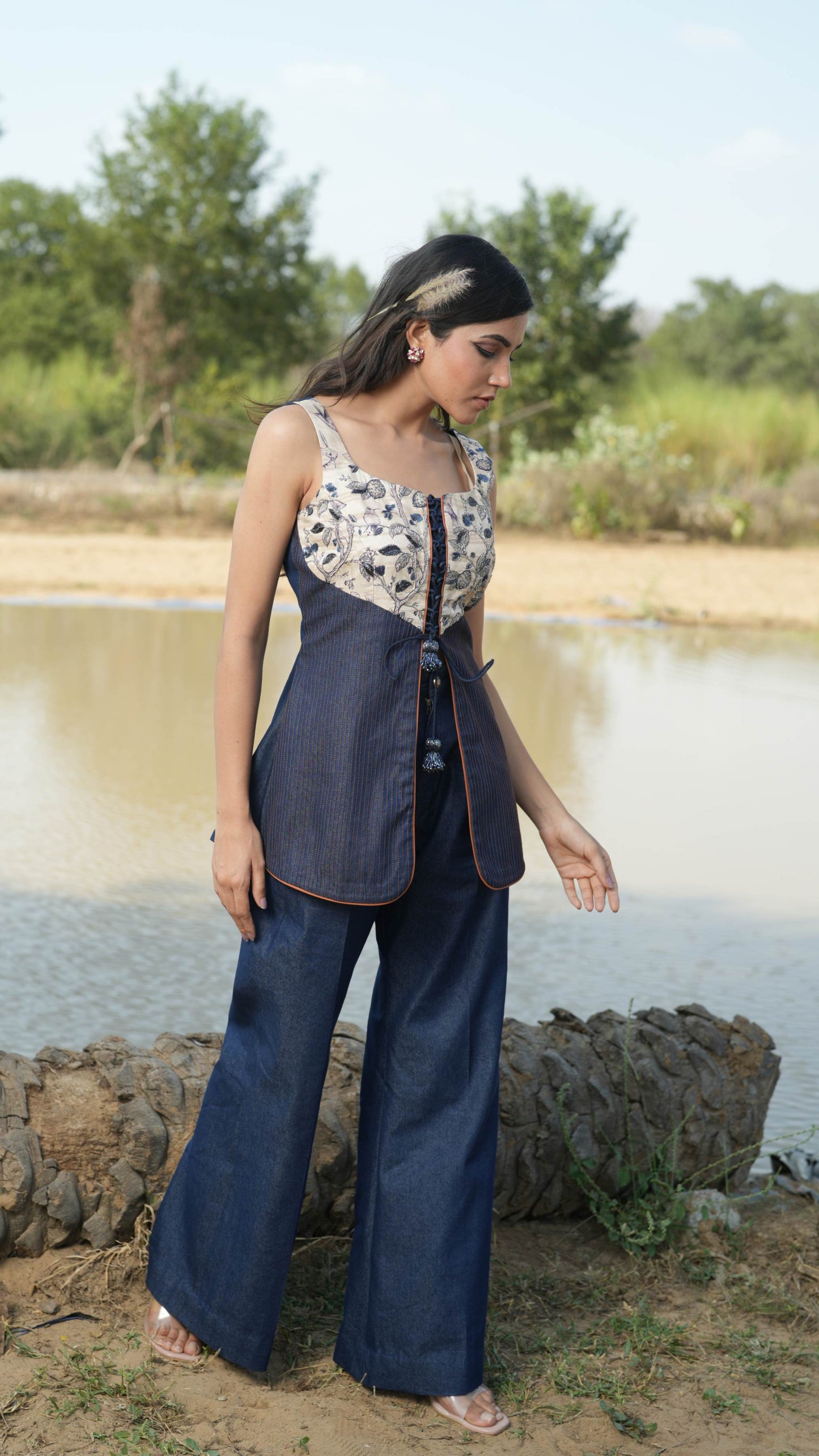 Naham - Blue Peplum Top with Bell Bottom Pant Set