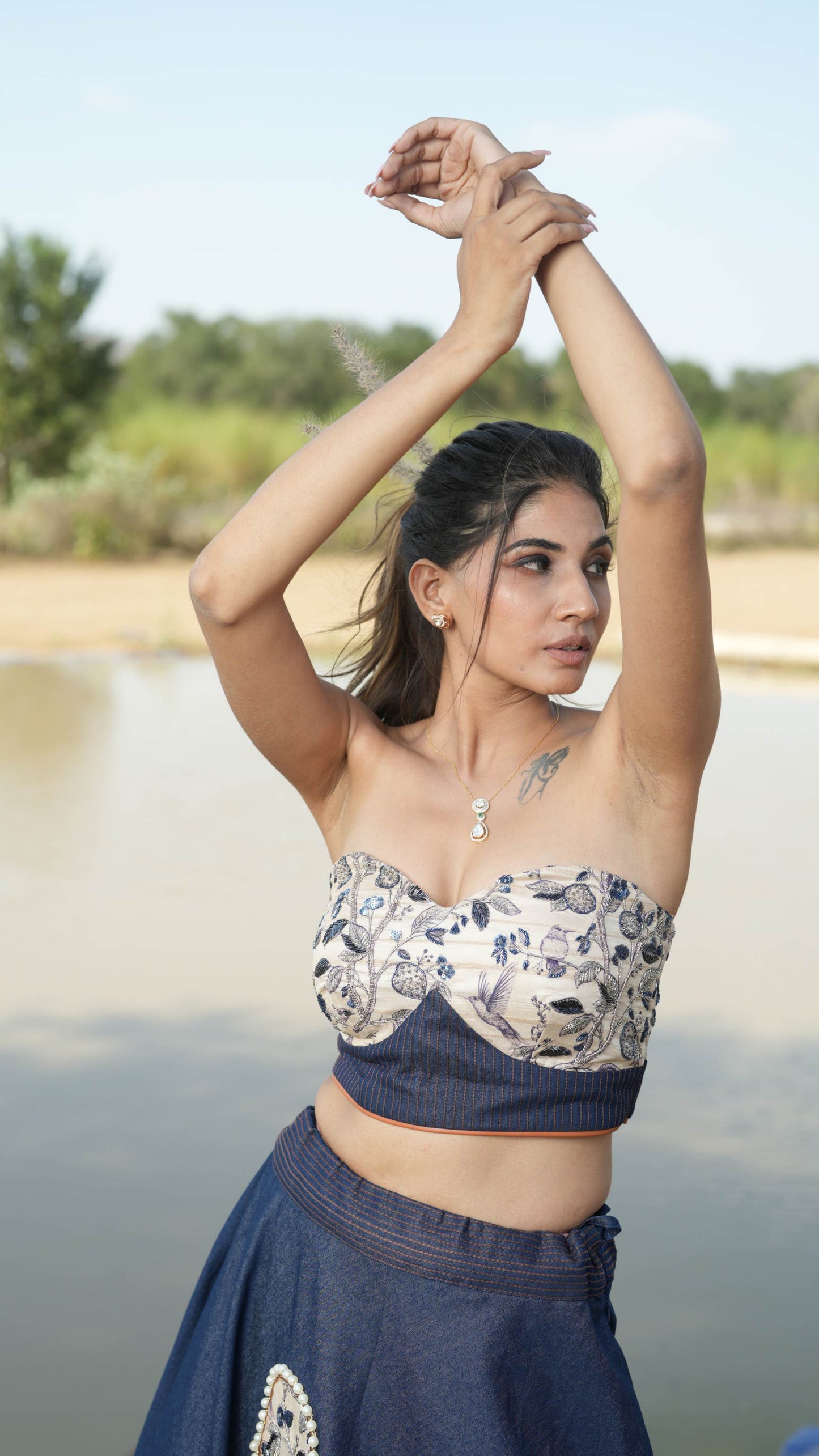 Nalini - Blue Lehenga with Off Shoulder Blouse & Dupatta Set