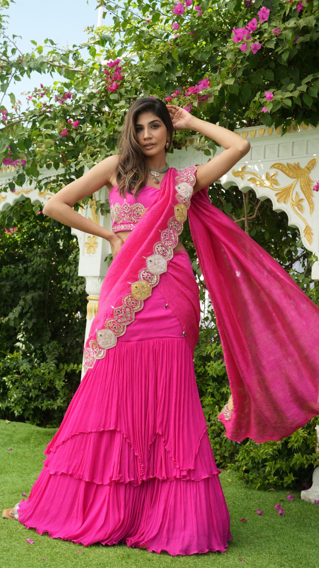 Kamka - Hot Pink Drape Saree with Blouse