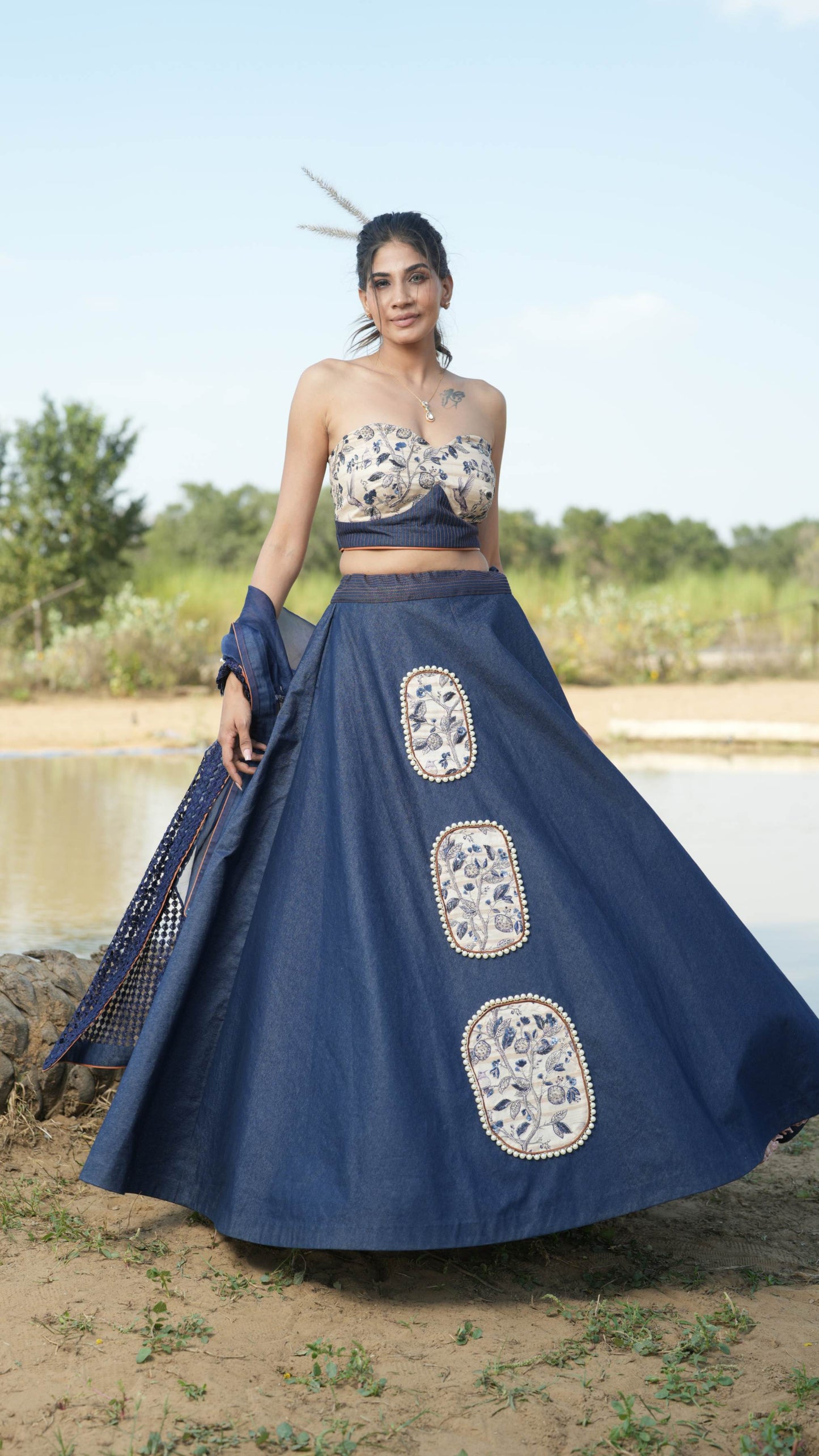 Nalini - Blue Lehenga with Off Shoulder Blouse & Dupatta Set