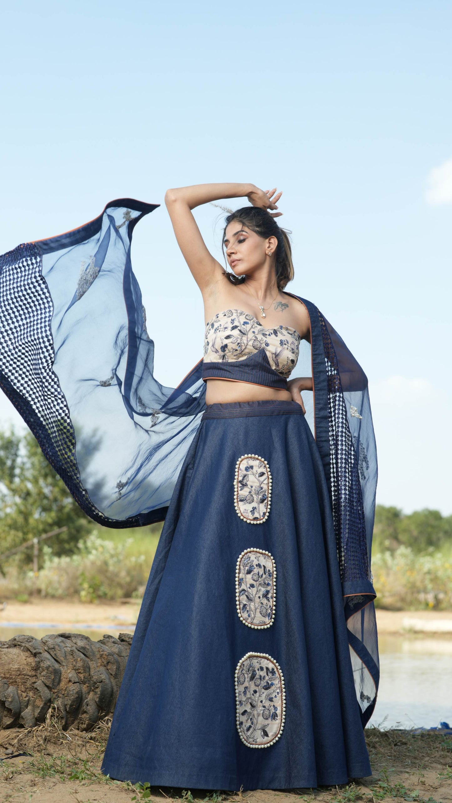Nalini - Blue Lehenga with Off Shoulder Blouse & Dupatta Set