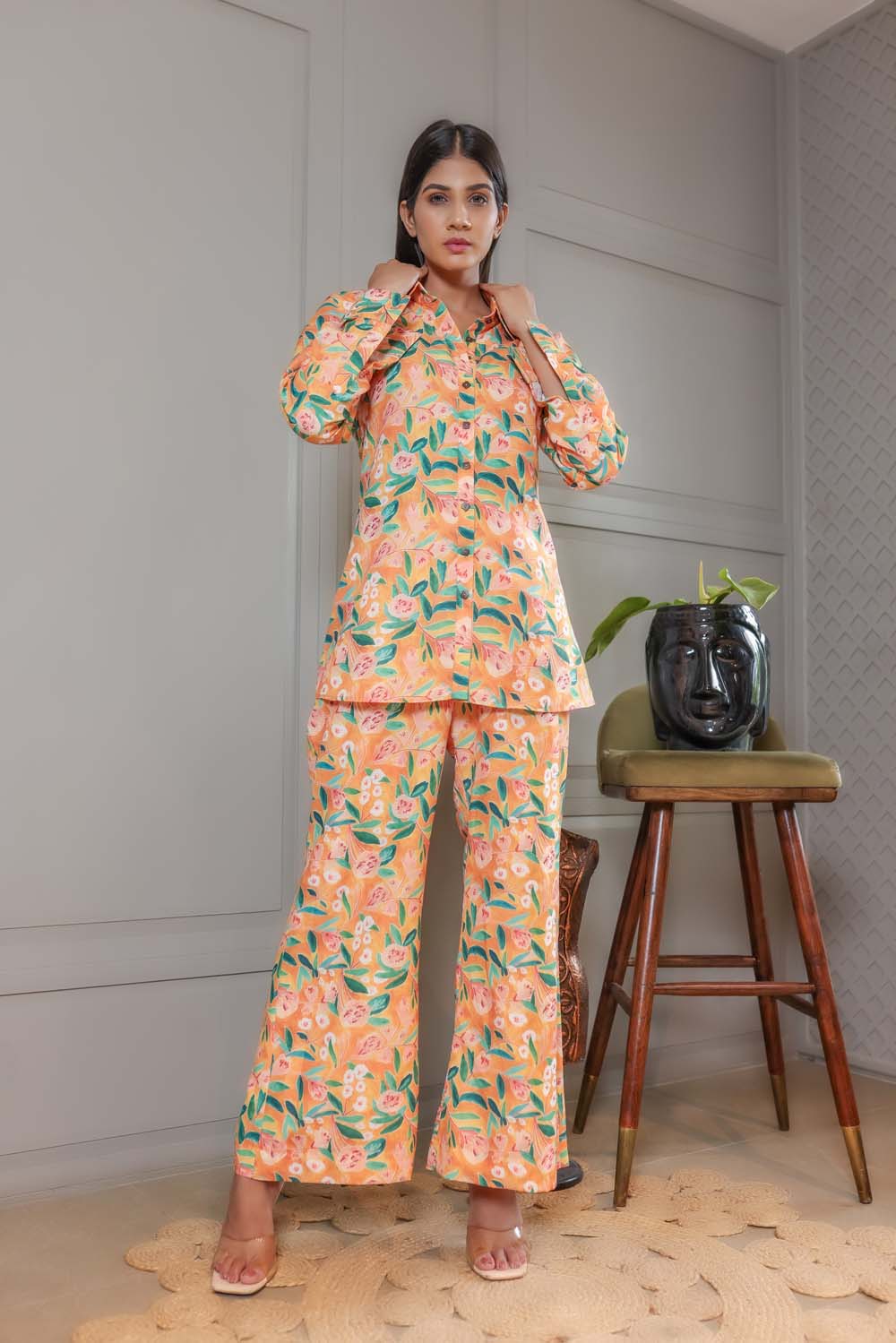 Geranium - Peach with Green Top and Pant Co-ord Set