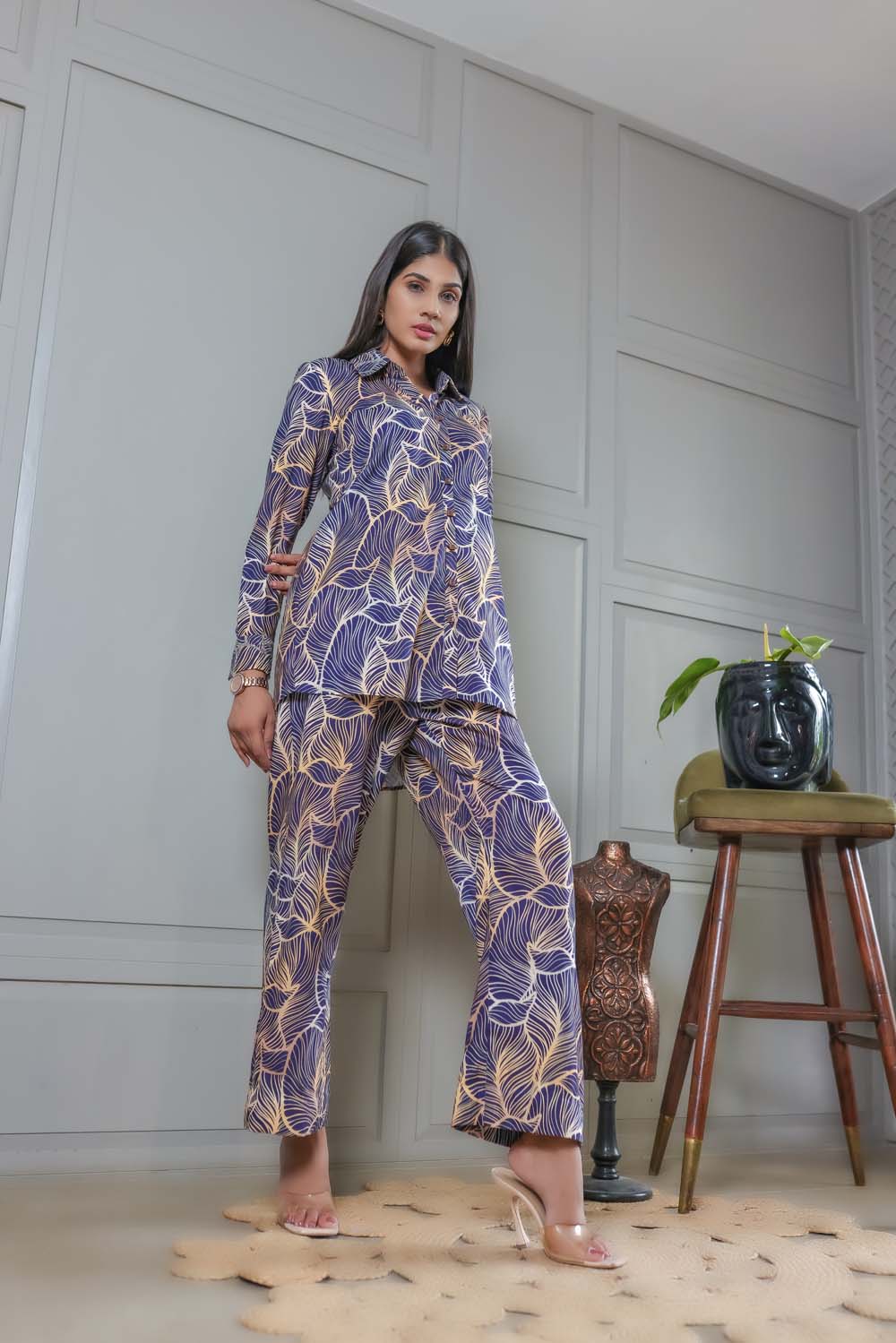 Passion - Blue with Beige Top and Bottom Co-Ords Set