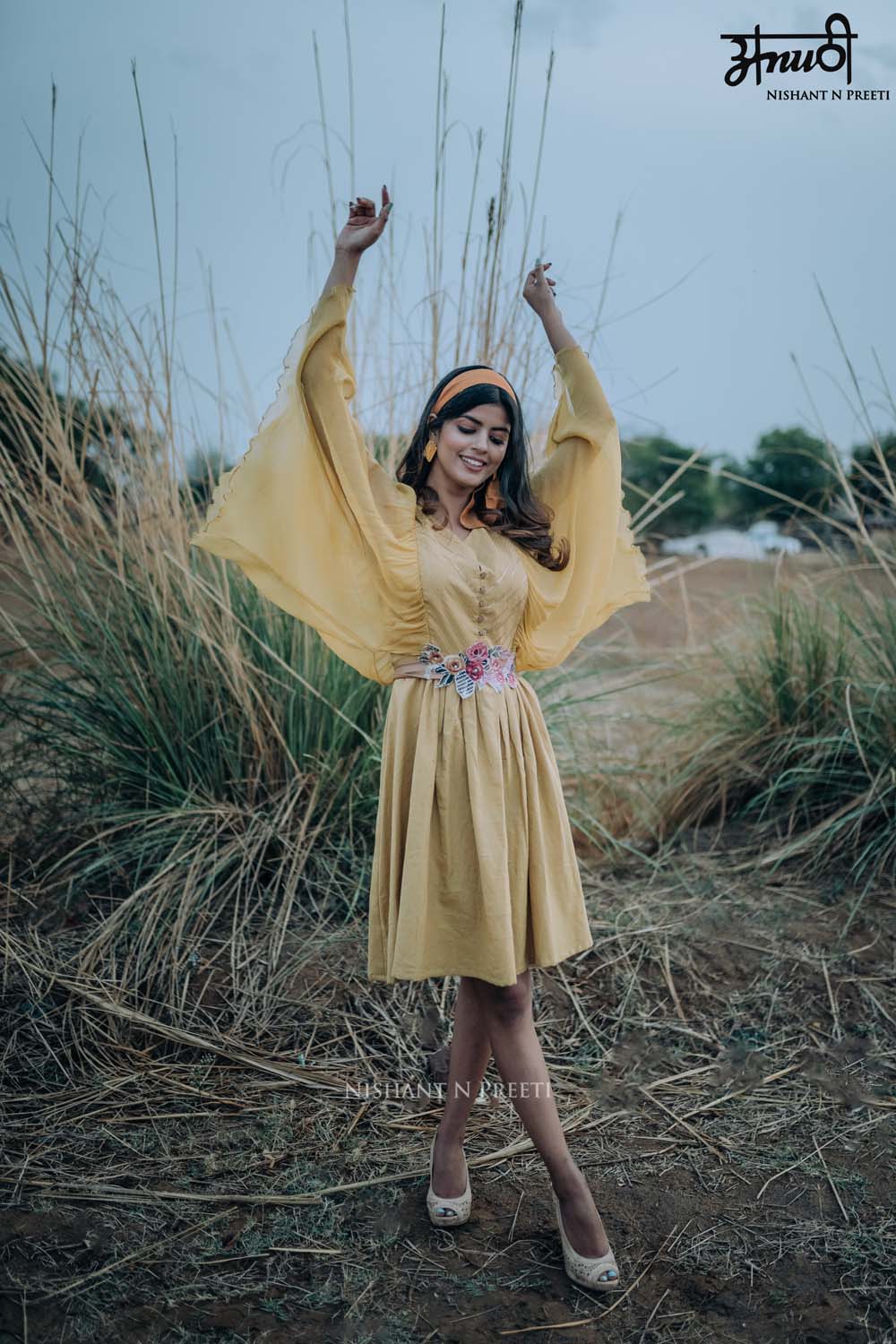 Shobha - Linnen Chinon Flared Sleeve Geathered Dress