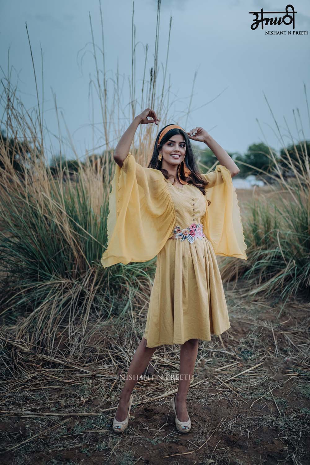 Shobha - Linnen Chinon Flared Sleeve Geathered Dress