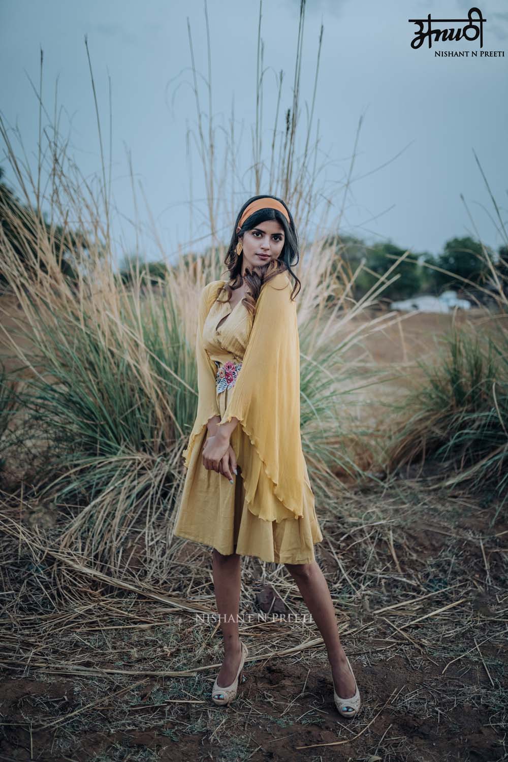Shobha - Linnen Chinon Flared Sleeve Geathered Dress