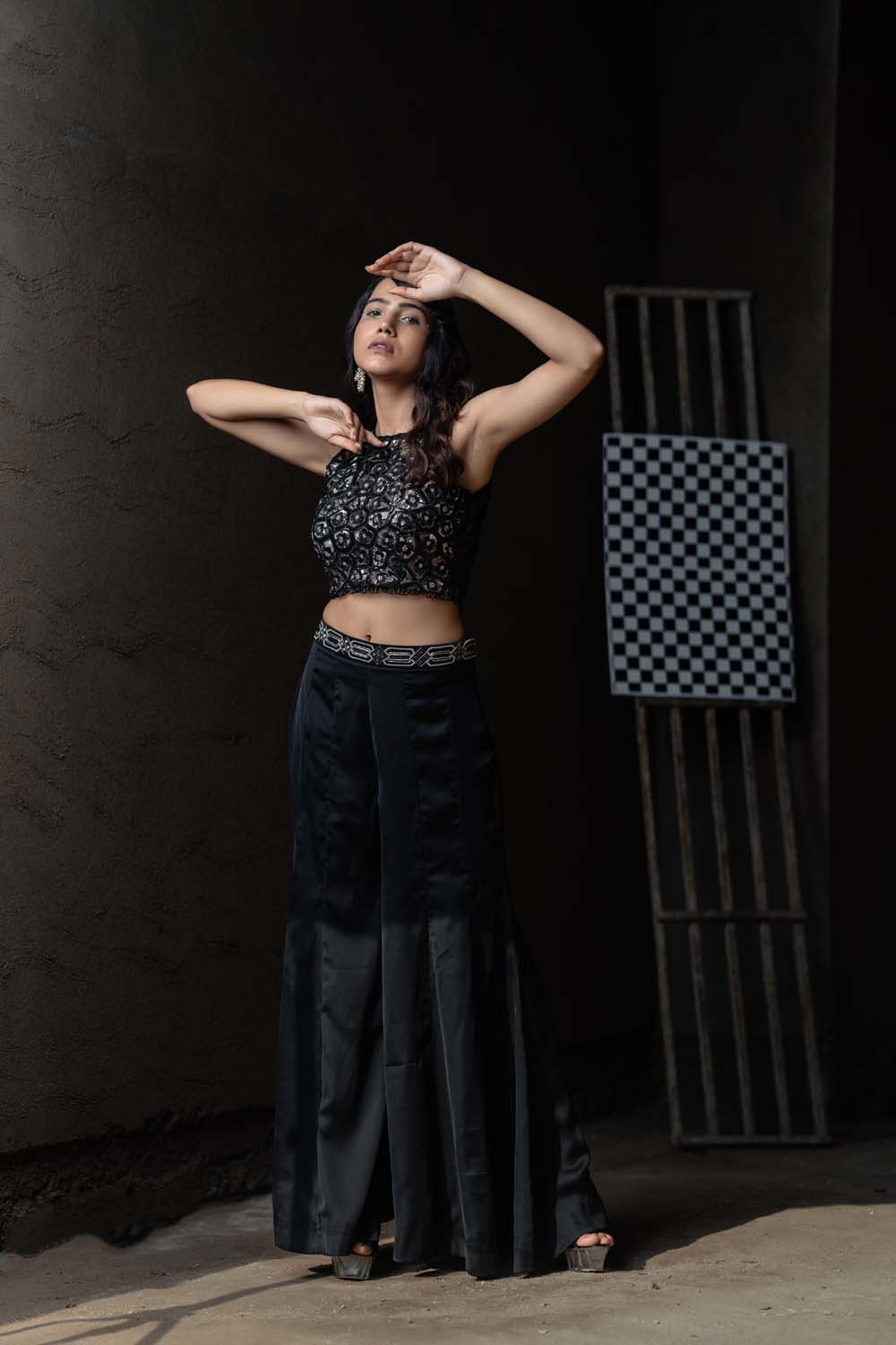Hifajat - Black Sleeveless Blouse with Bell Bottom Pants