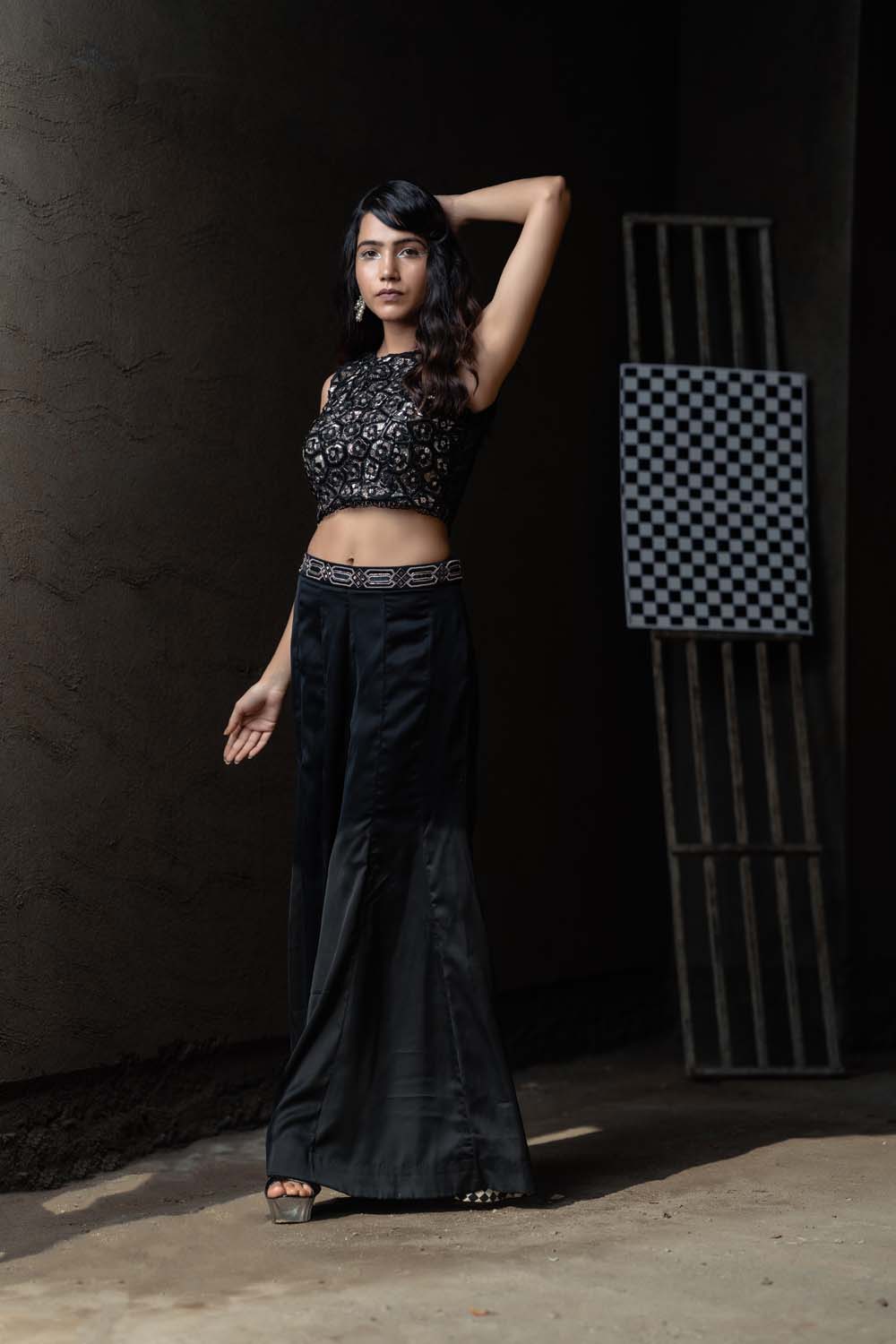 Hifajat - Black Sleeveless Blouse with Bell Bottom Pants