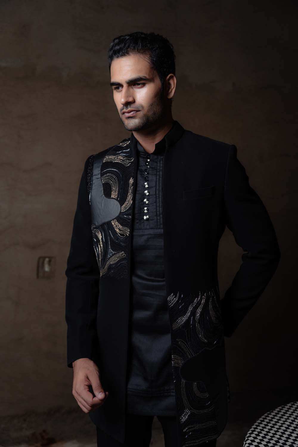 Vazir - Men's Black Short Kurta Pant Set with Coat