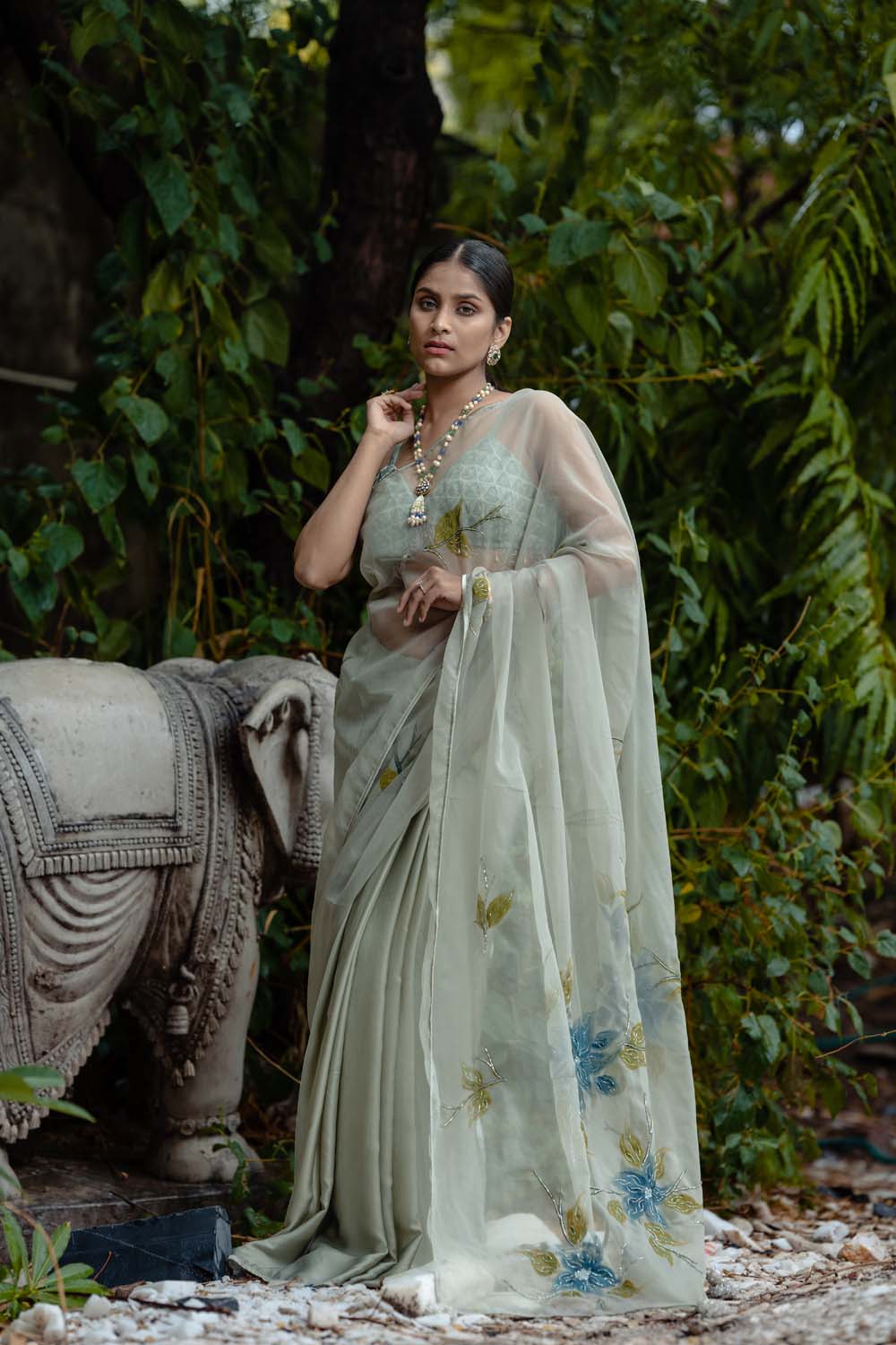 Sage Green Kumundhani Saree with Blouse