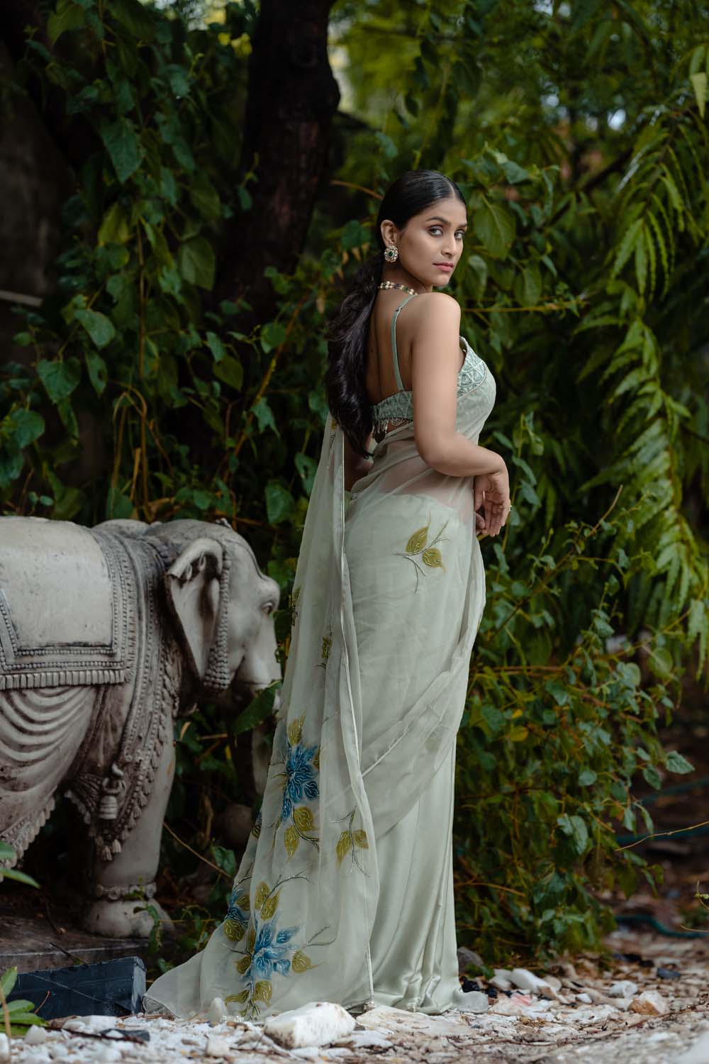 Sage Green Kumundhani Saree with Blouse