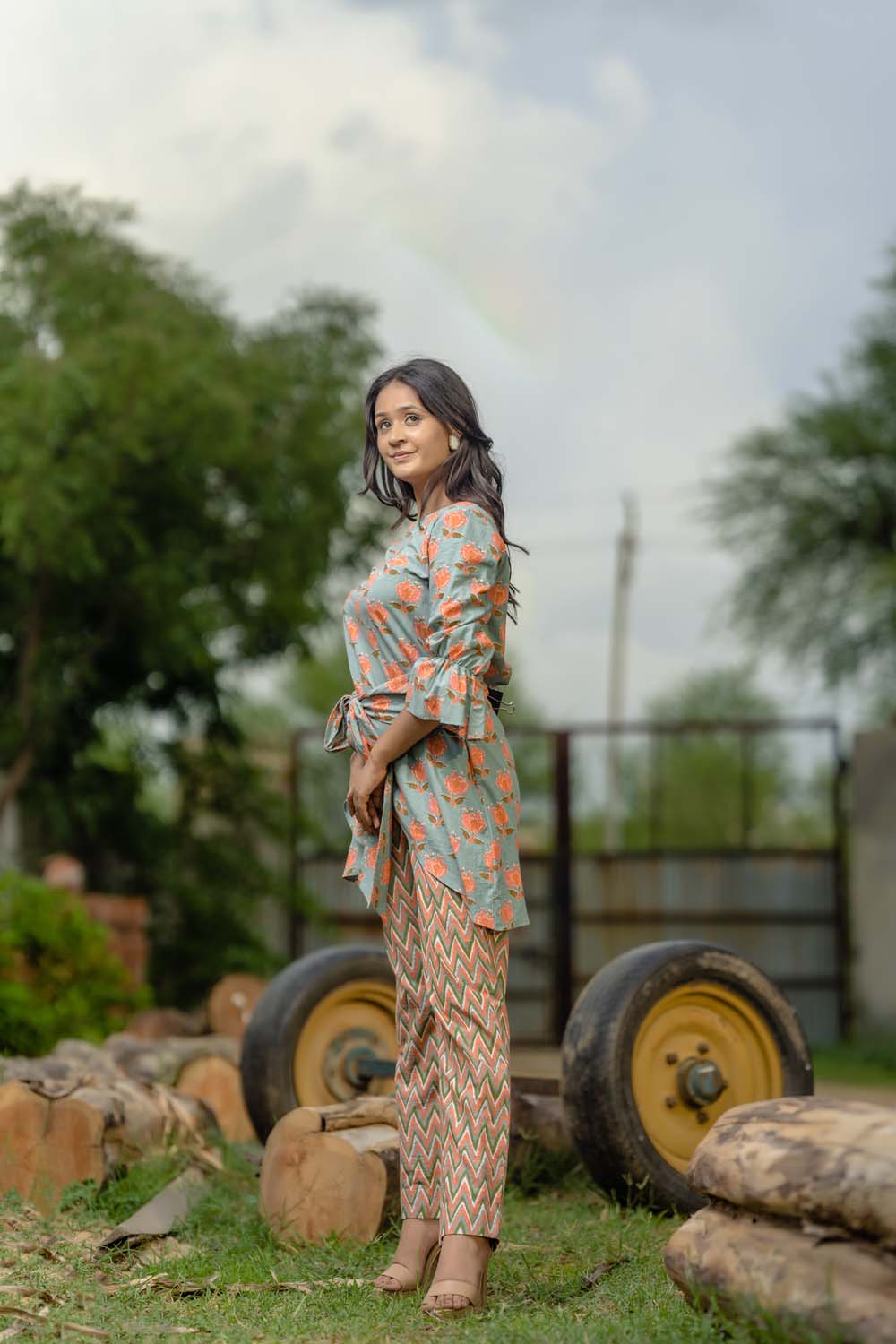 Hedera - Green With Pastel Orange Top with Belt Tie Pant Set