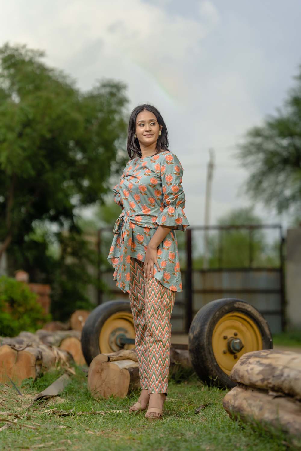 Hedera - Green With Pastel Orange Top with Belt Tie Pant Set