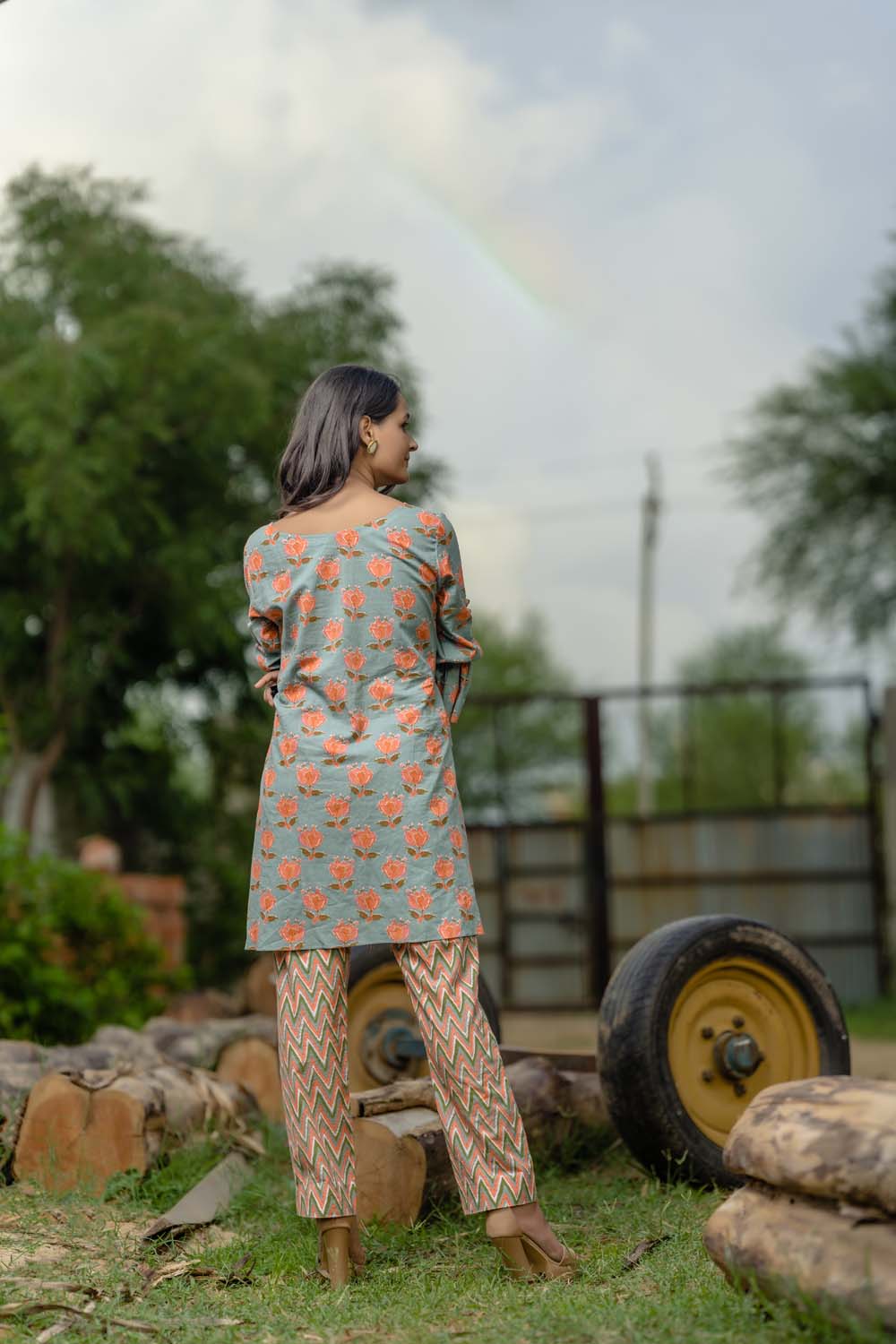 Hedera - Green With Pastel Orange Top with Belt Tie Pant Set