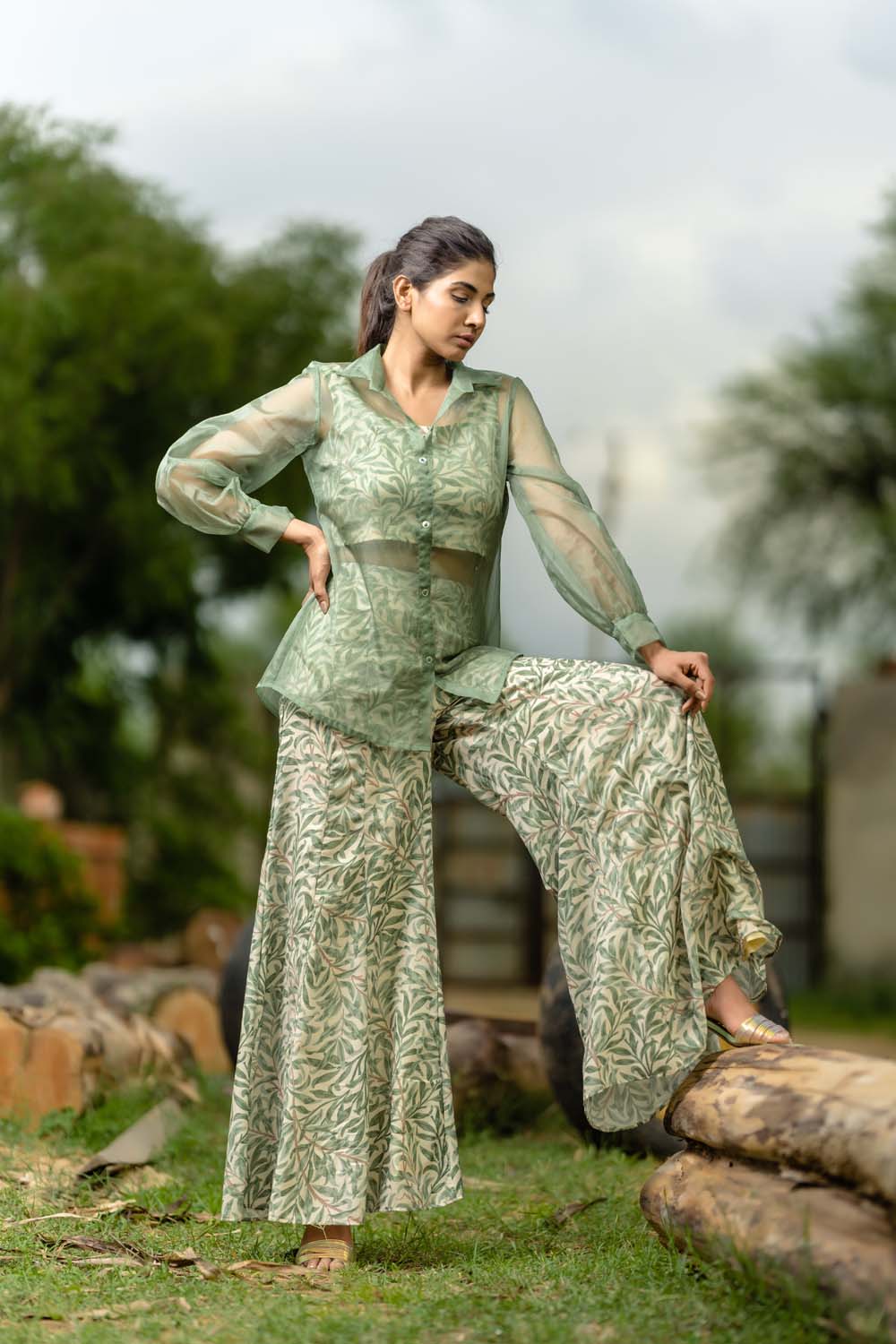 Elaegnus Cordset - Green Crop Top with Jacket and Palazzo Set