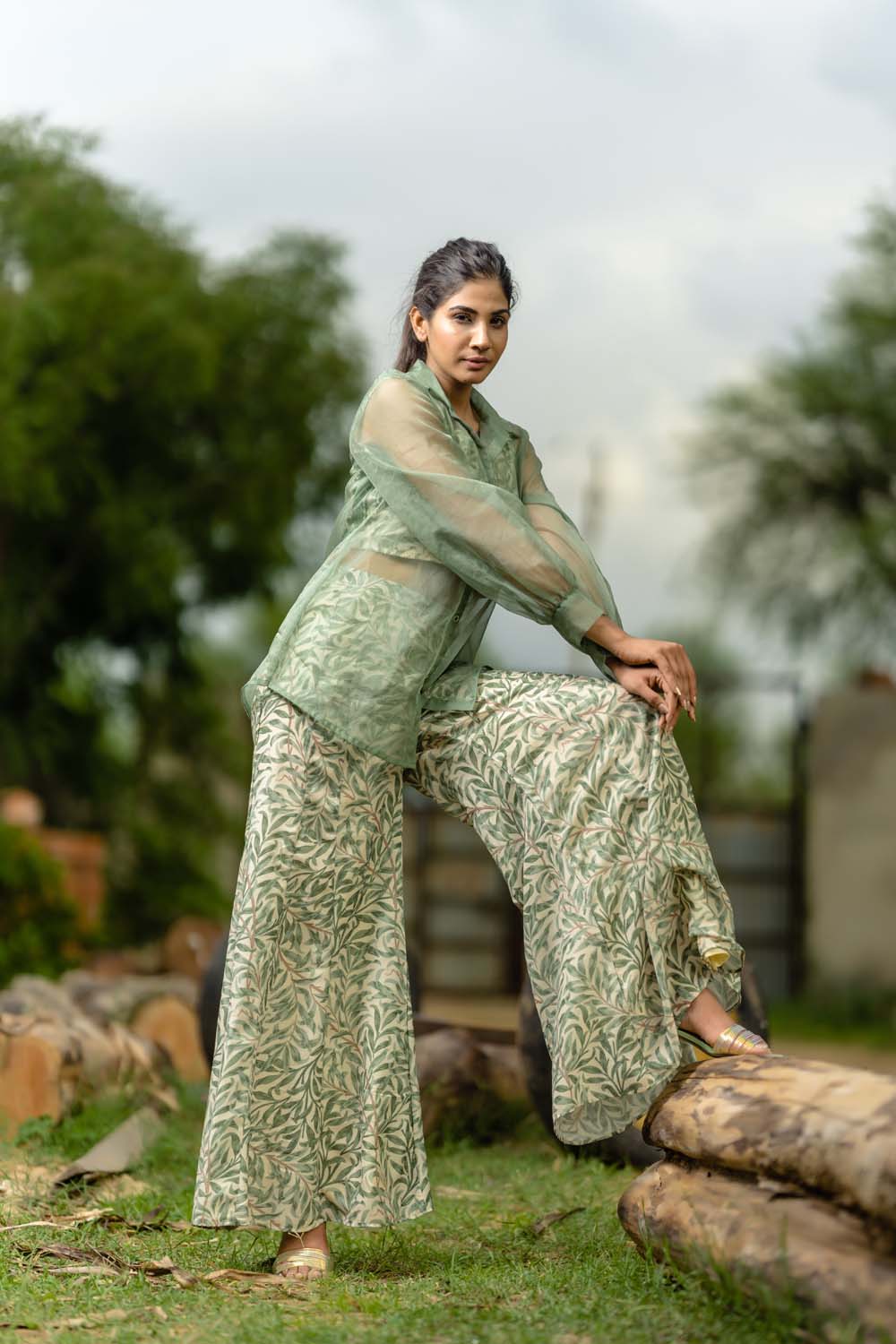 Elaegnus Cordset - Green Crop Top with Jacket and Palazzo Set