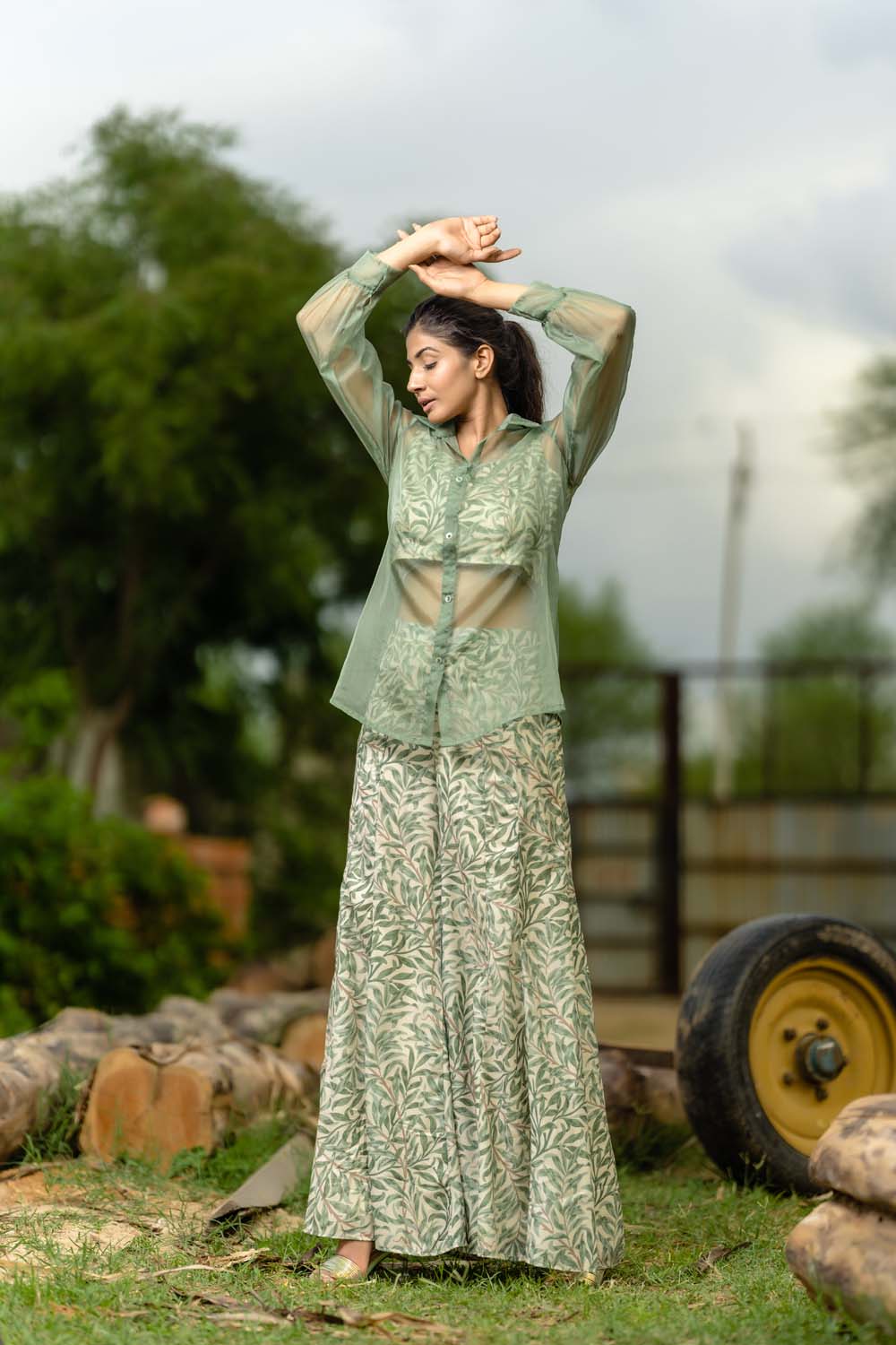 Elaegnus Cordset - Green Crop Top with Jacket and Palazzo Set