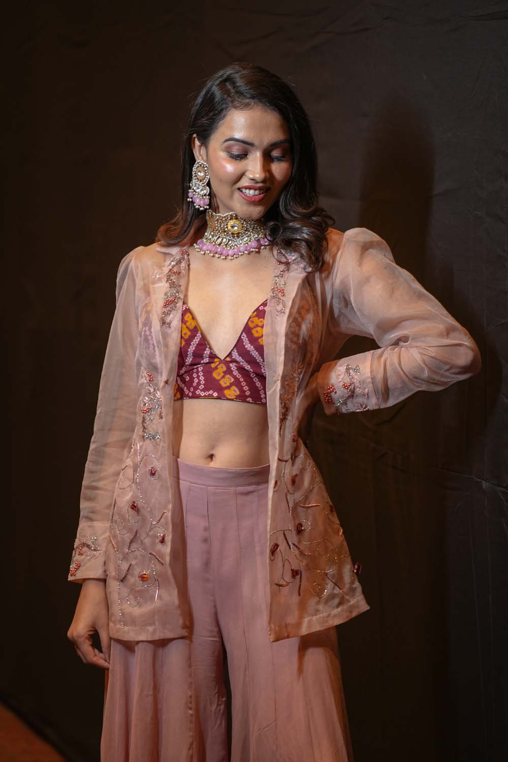 Baniya - Rose Gold Jacket with Garara and Bralette Set