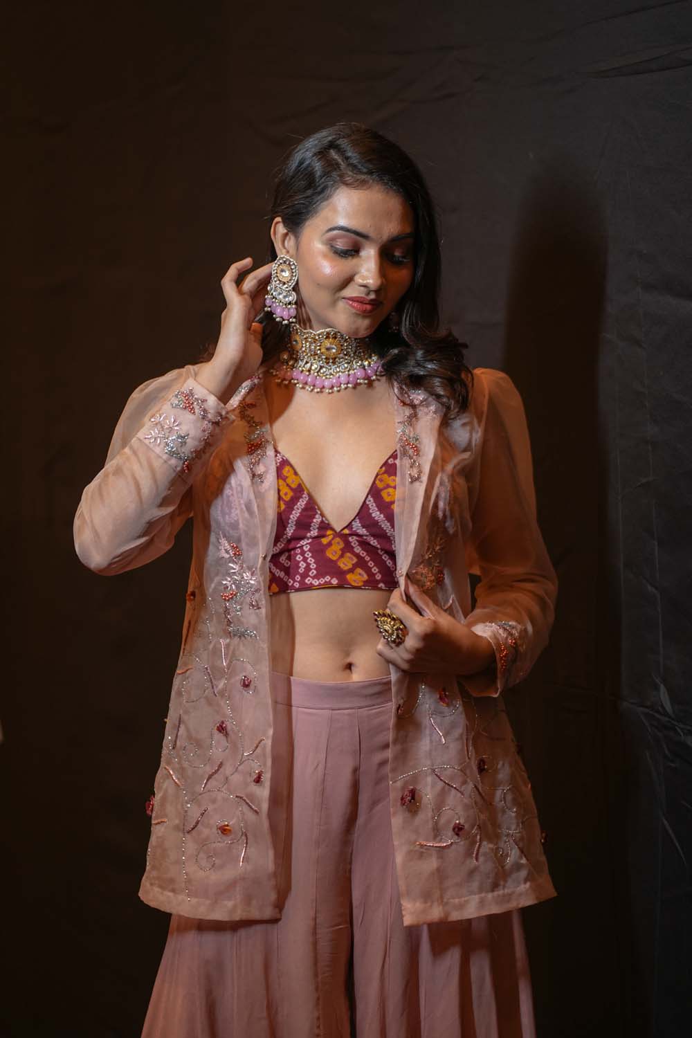 Baniya - Rose Gold Jacket with Garara and Bralette Set