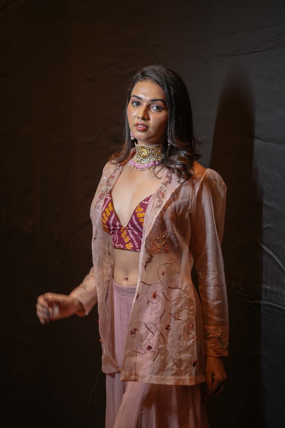 Baniya - Rose Gold Jacket with Garara and Bralette Set