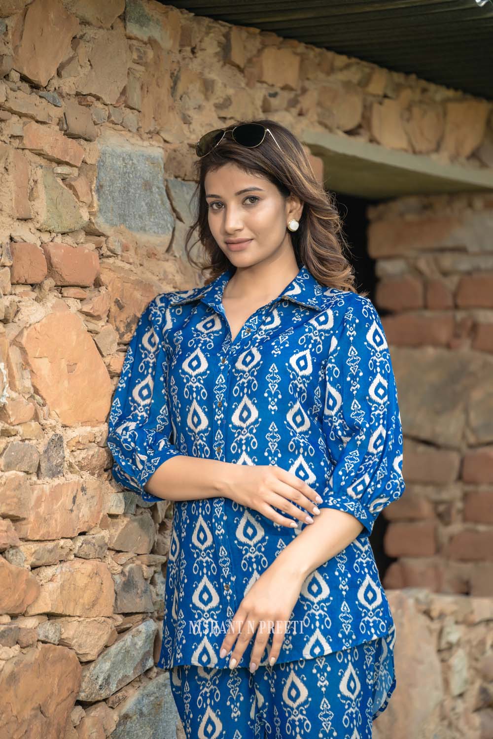 Iris - Women Blue Printed Shirt with Pant Co-ords Set