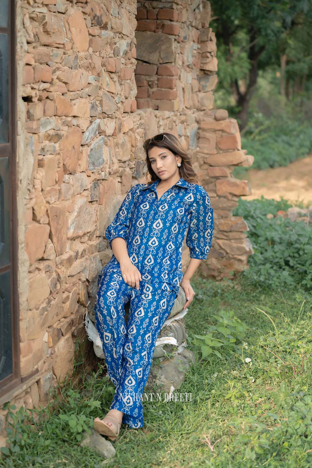 Iris - Women Blue Printed Shirt with Pant Co-ords Set