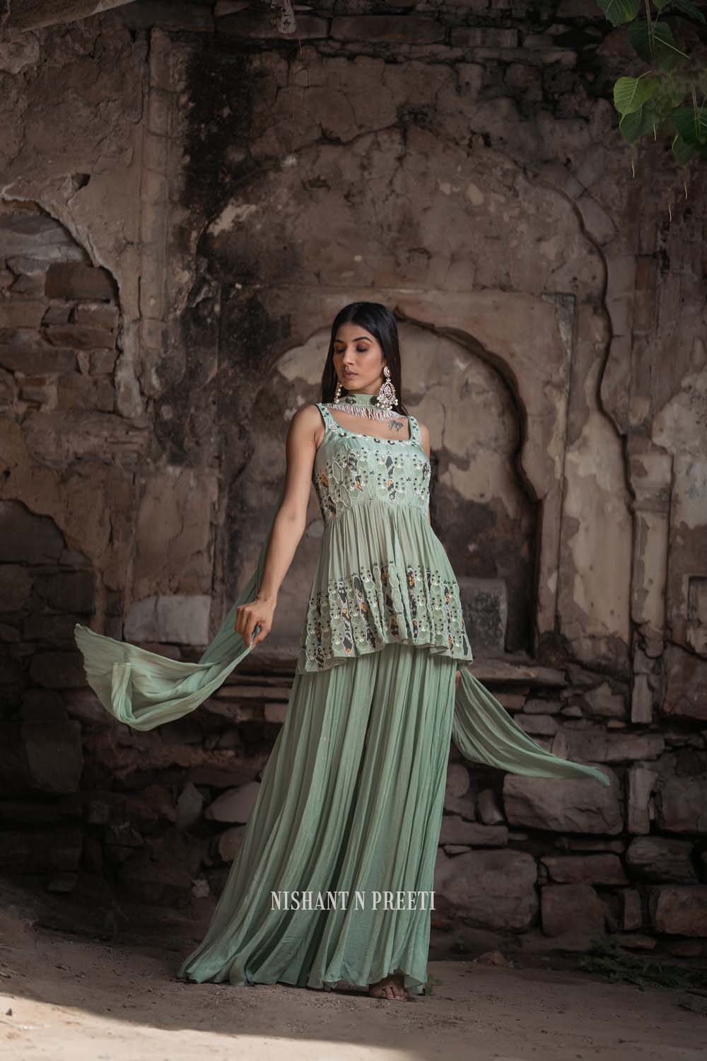 Dareecha - Green Paplum Ghrara Set with Chocker Dupatta
