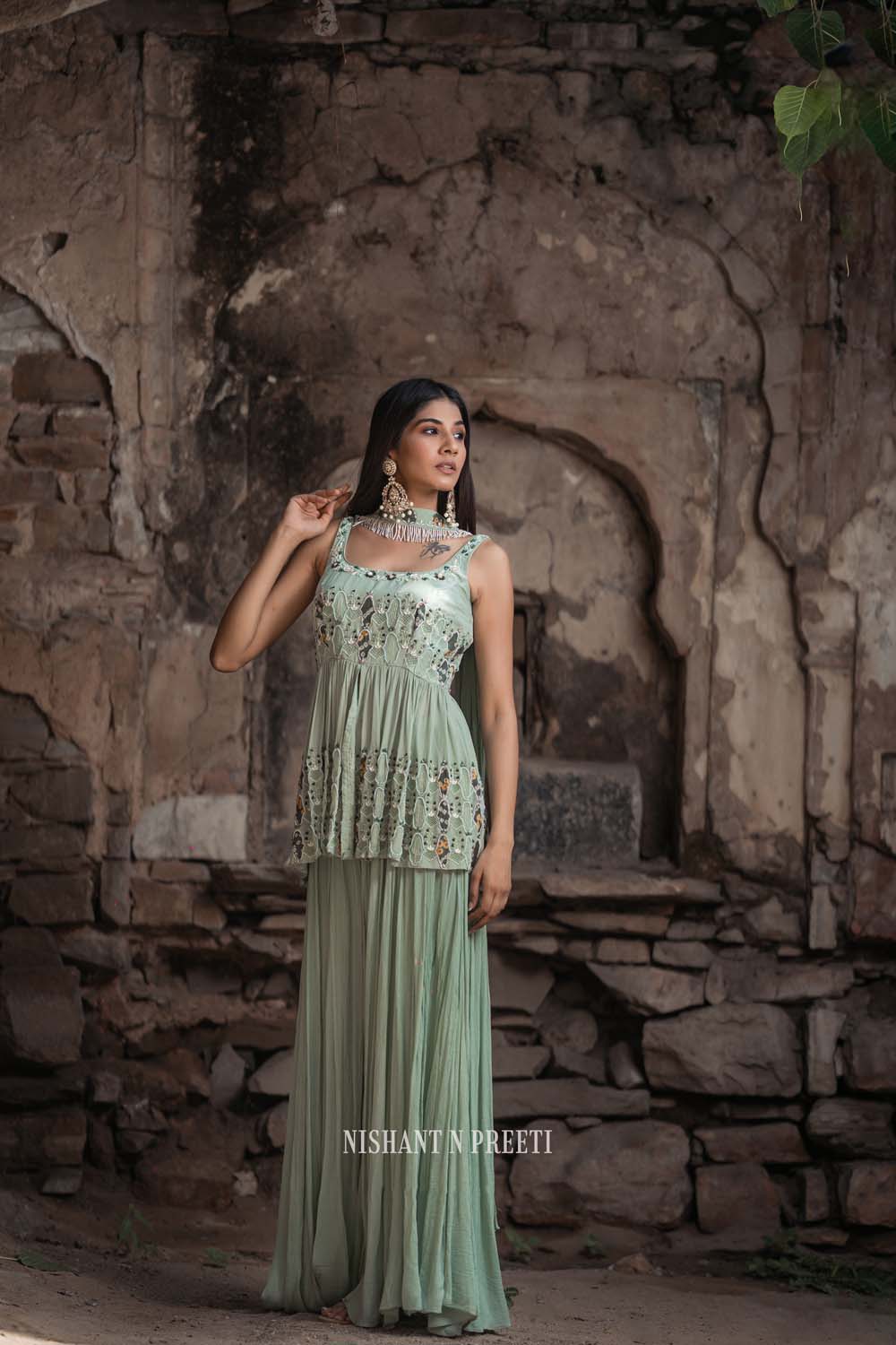 Dareecha - Green Paplum Ghrara Set with Chocker Dupatta