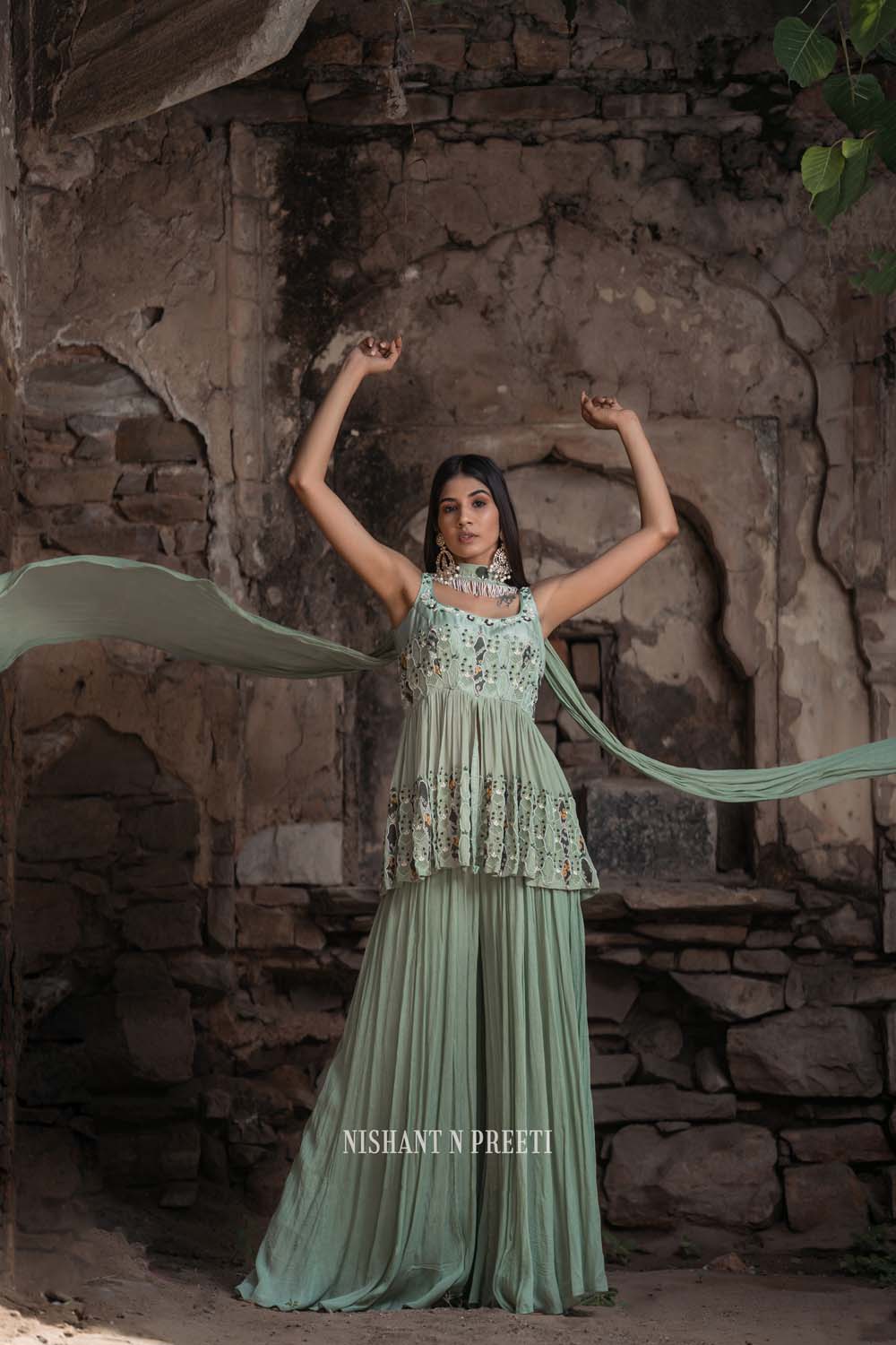 Dareecha - Green Paplum Ghrara Set with Chocker Dupatta