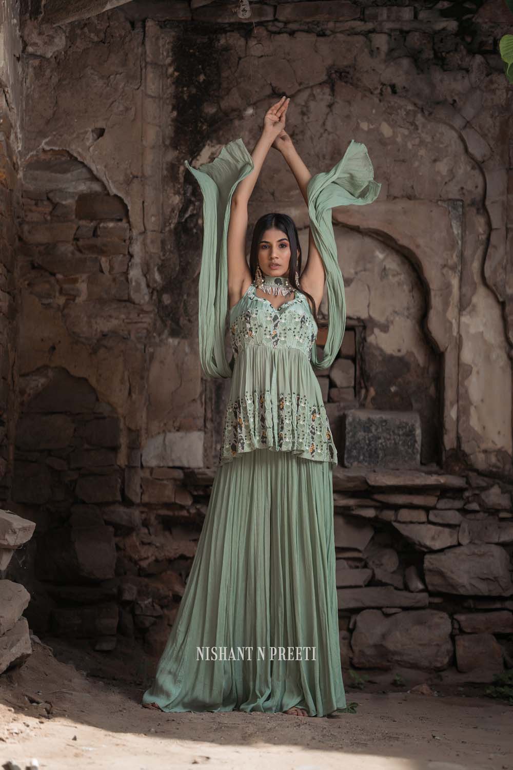 Dareecha - Green Paplum Ghrara Set with Chocker Dupatta
