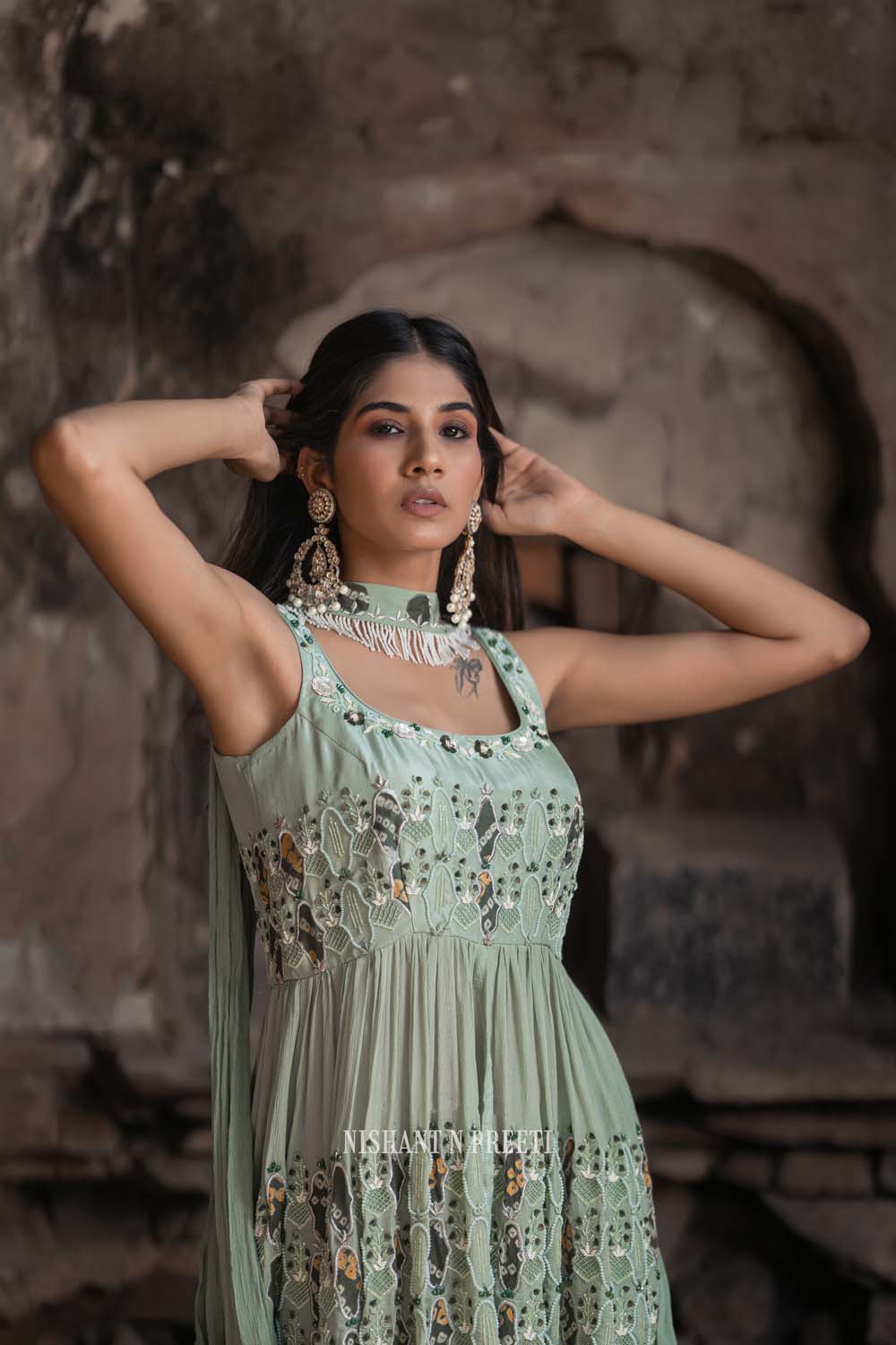 Dareecha - Green Paplum Ghrara Set with Chocker Dupatta