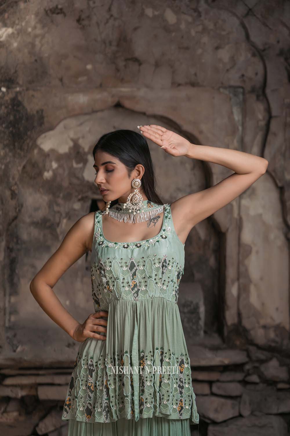 Dareecha - Green Paplum Ghrara Set with Chocker Dupatta