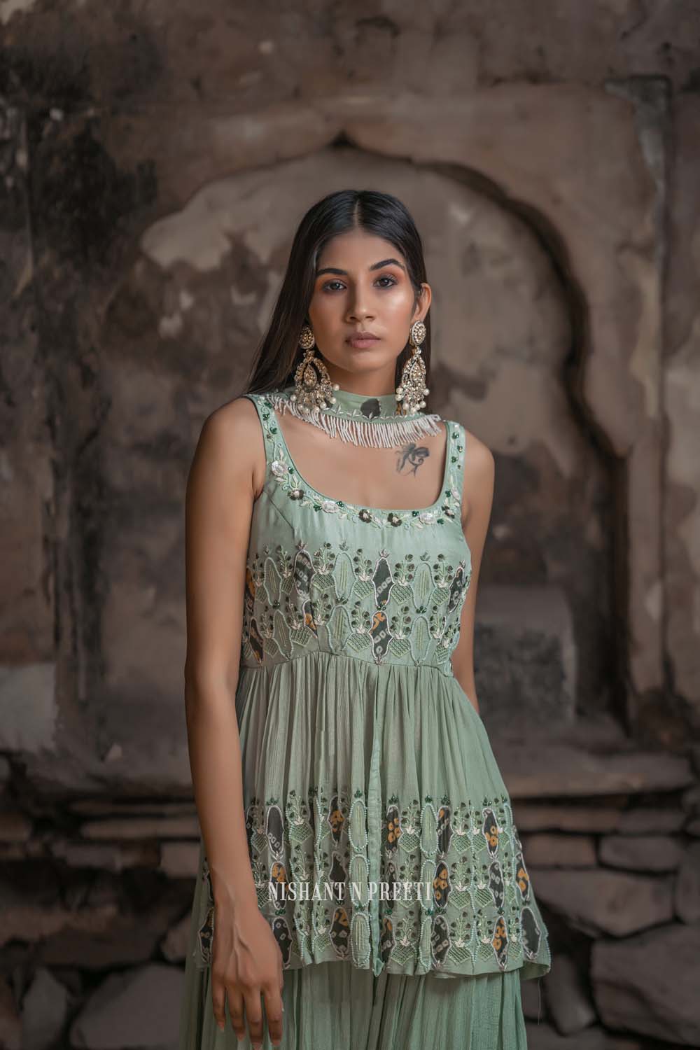 Dareecha - Green Paplum Ghrara Set with Chocker Dupatta
