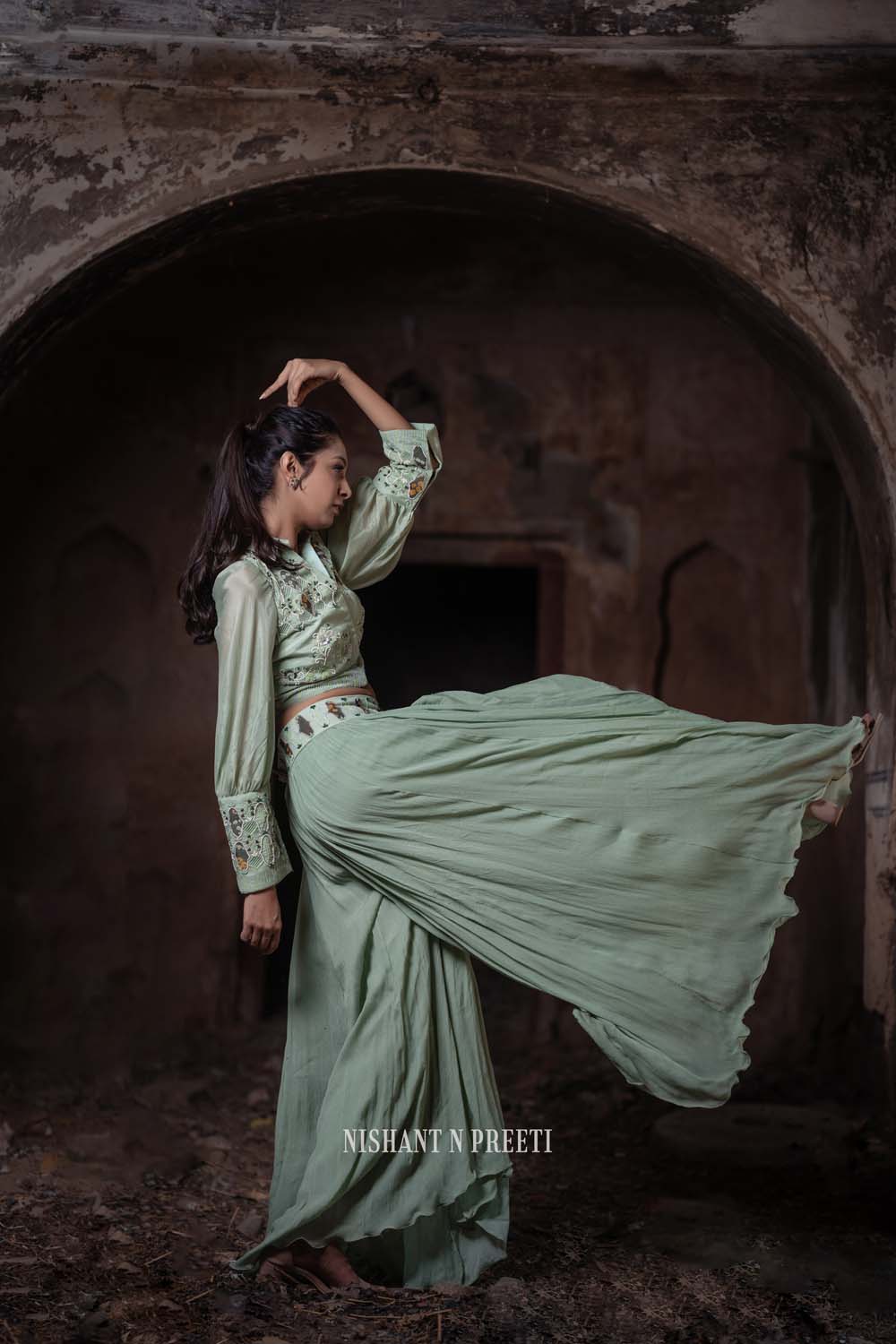 Sanvaatak - Green Gharara Embroidred Crop Shirt & Ghrara Pant