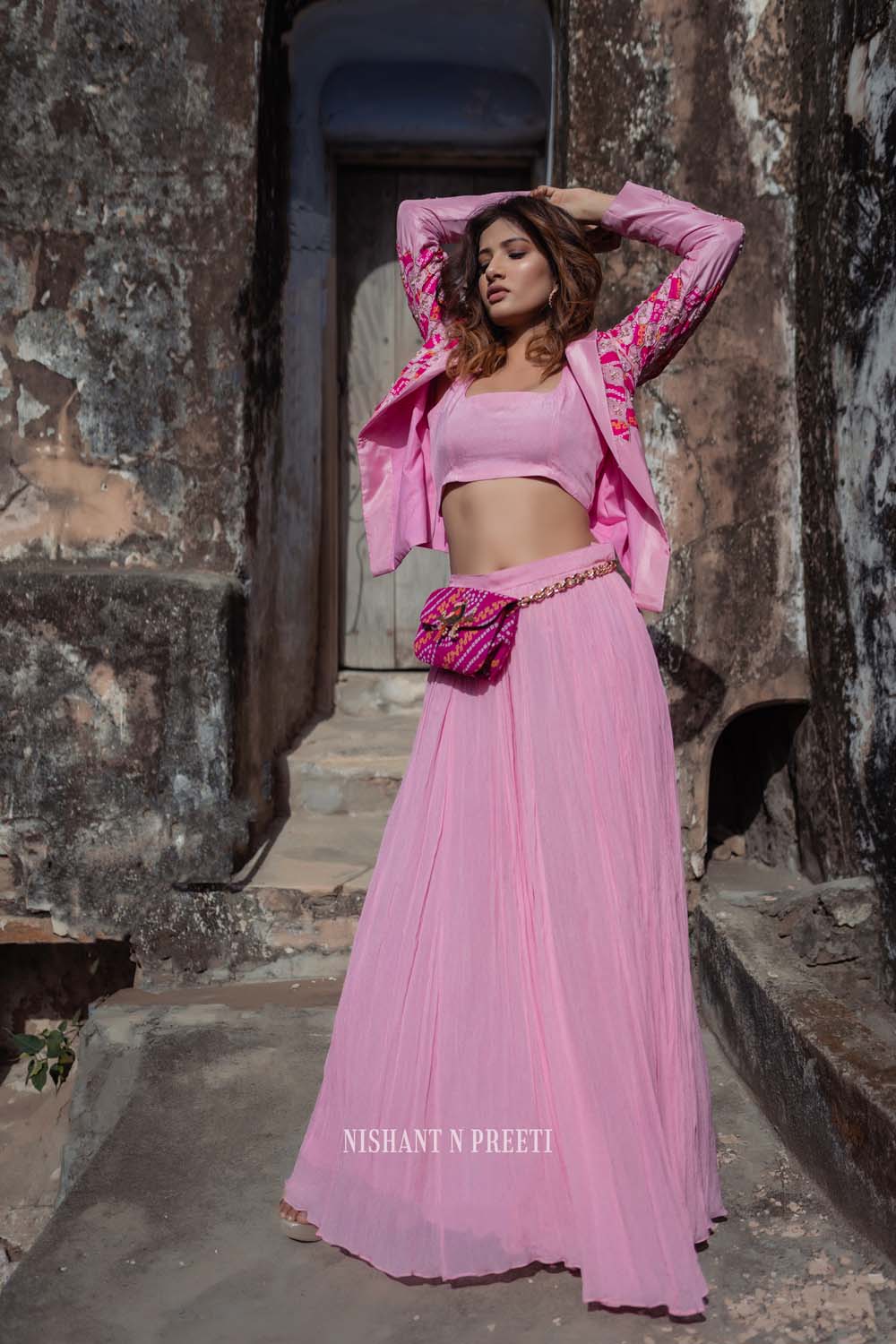 Netr - Rose Pink Jacket Paired With Bralette And Lehenga