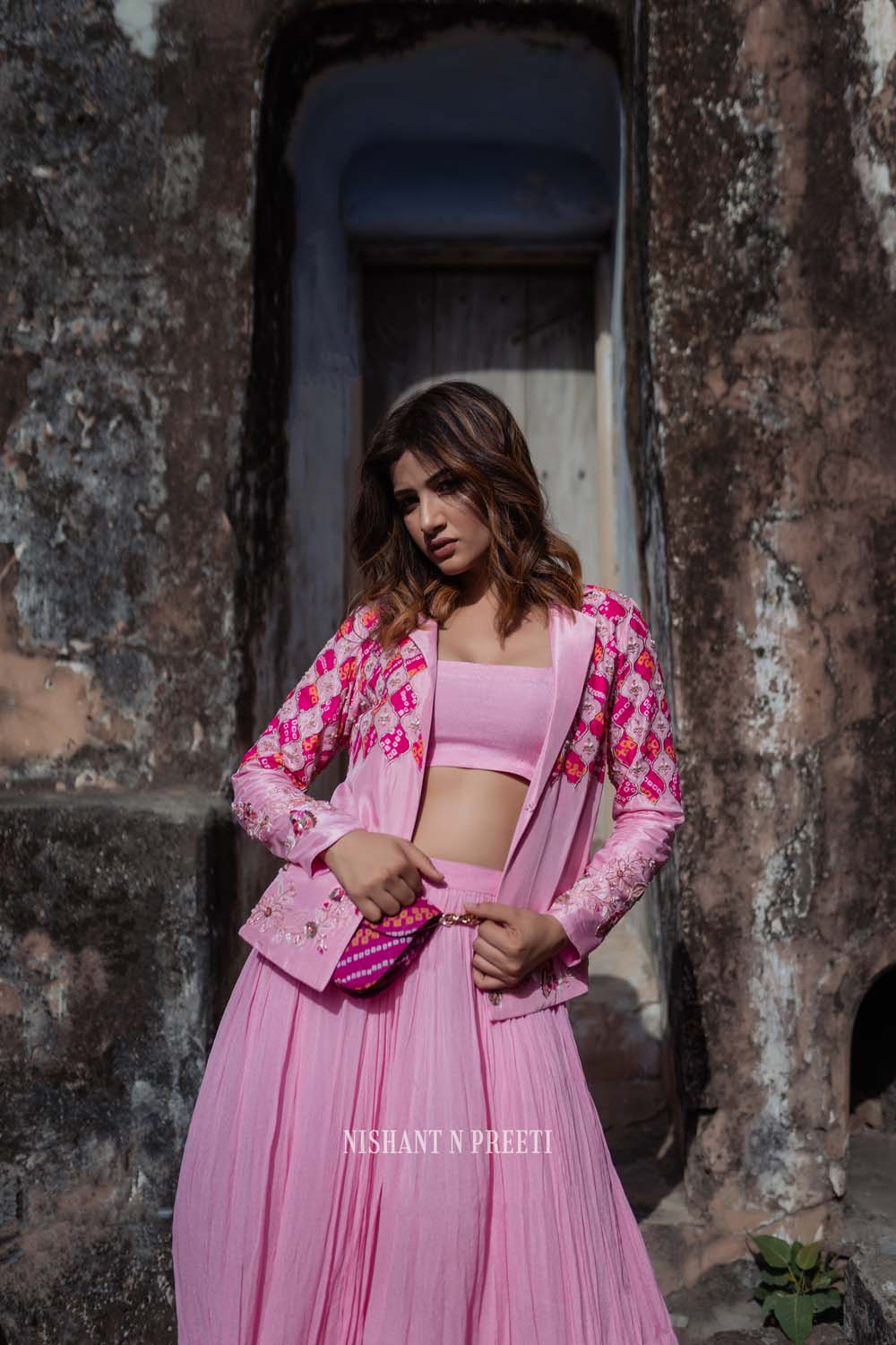 Netr - Rose Pink Jacket Paired With Bralette And Lehenga