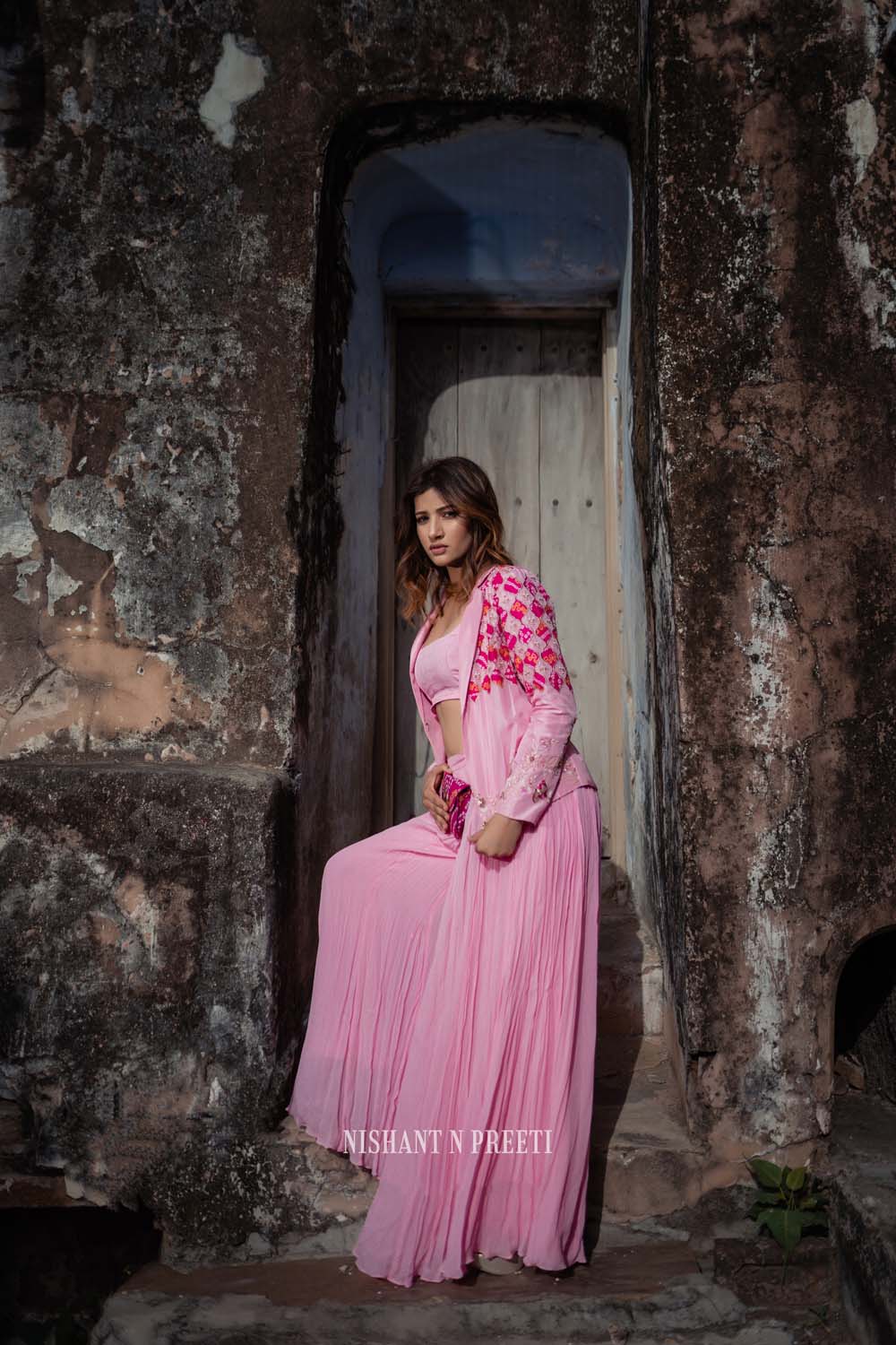 Netr - Rose Pink Jacket Paired With Bralette And Lehenga
