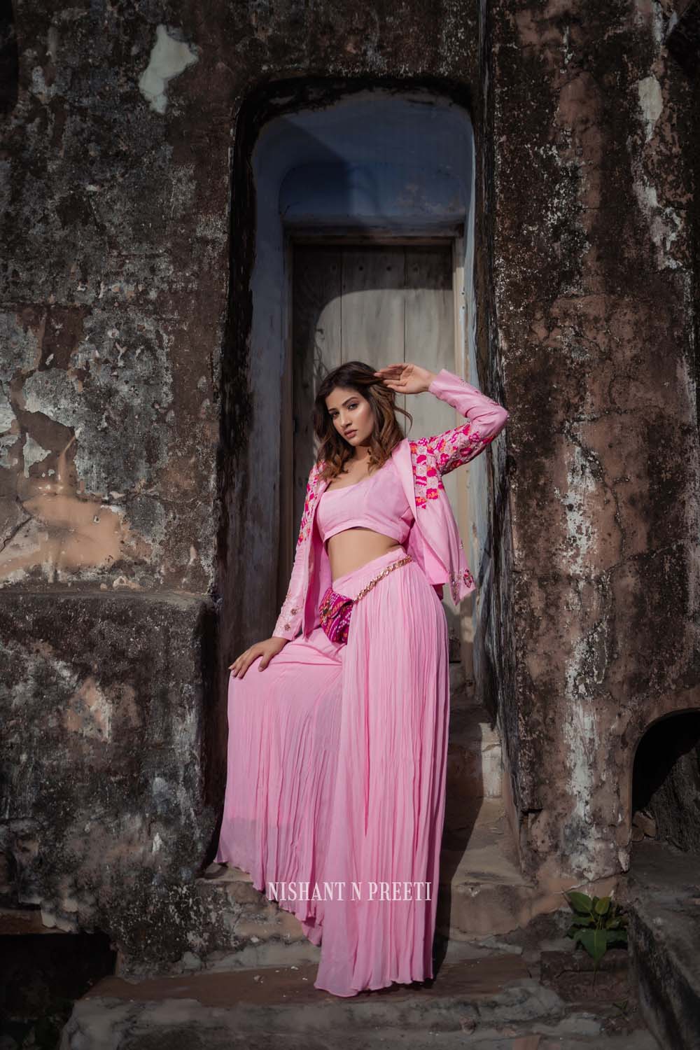 Netr - Rose Pink Jacket Paired With Bralette And Lehenga