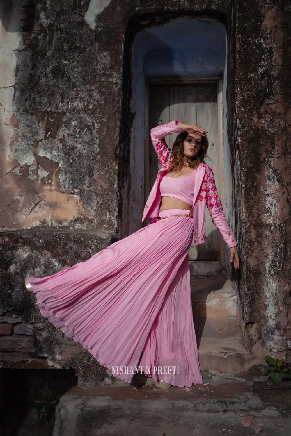Netr - Rose Pink Jacket Paired With Bralette And Lehenga