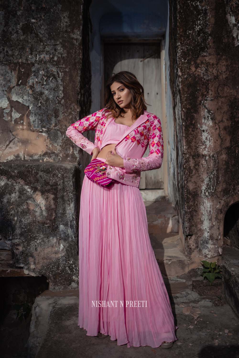 Netr - Rose Pink Jacket Paired With Bralette And Lehenga