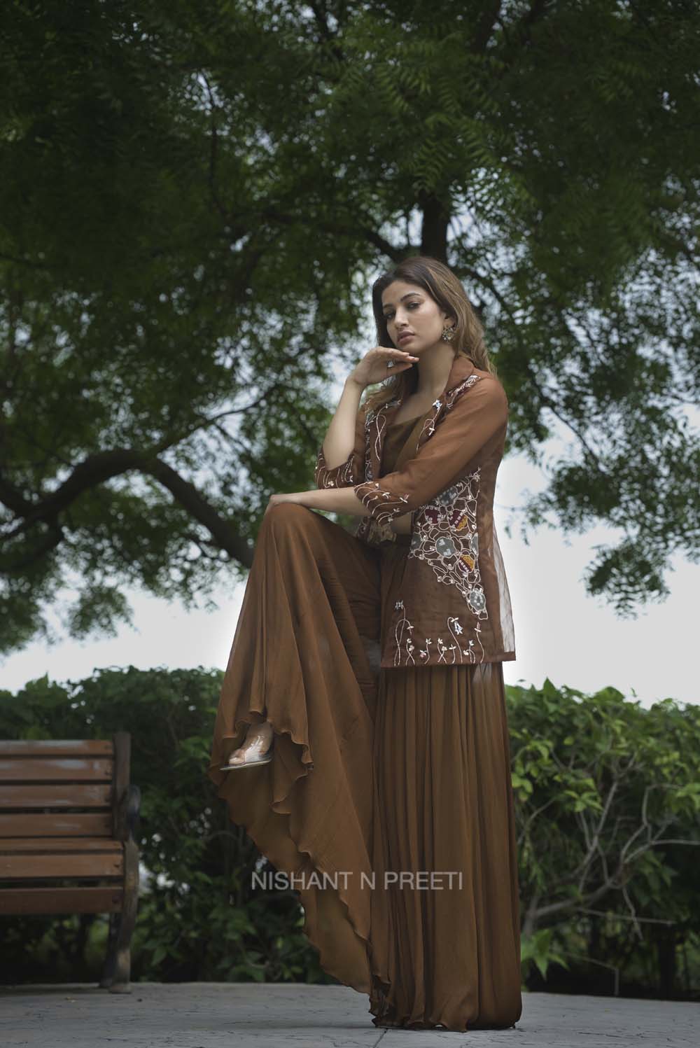Varid - Mocha Garara Set with Organza Jacket Set