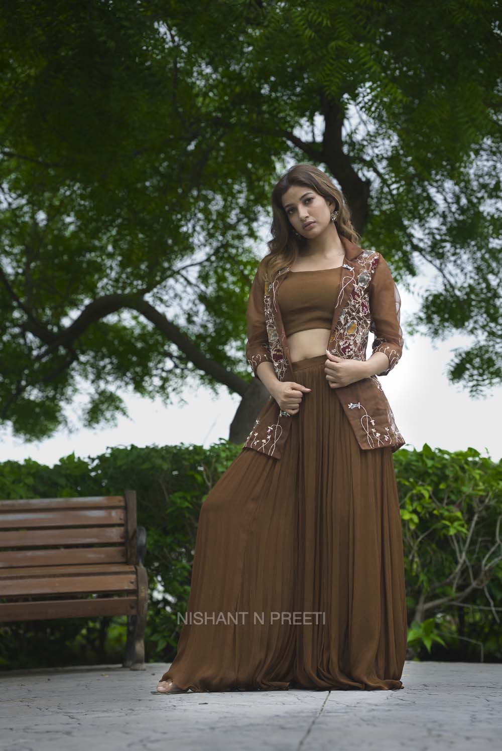 Varid - Mocha Garara Set with Organza Jacket Set