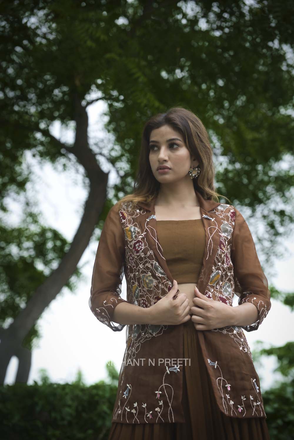 Varid - Mocha Garara Set with Organza Jacket Set
