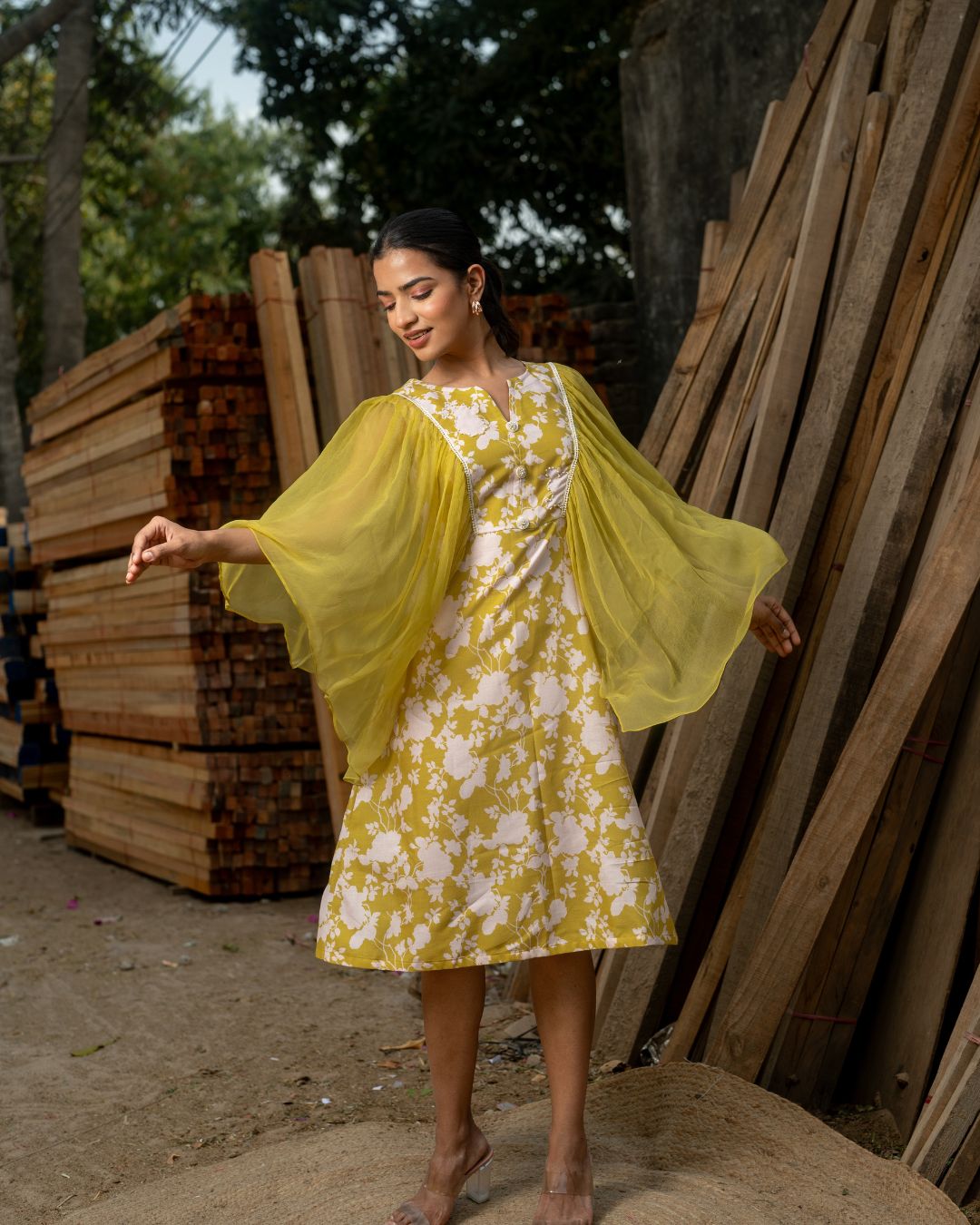 Rassian Sage - Yellow Printed Midi Dress with Chiffon Sleeves