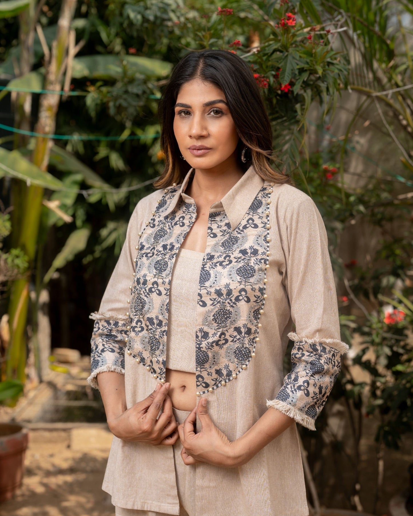 Kay - Beige Top Pant Set with Printed Jacket