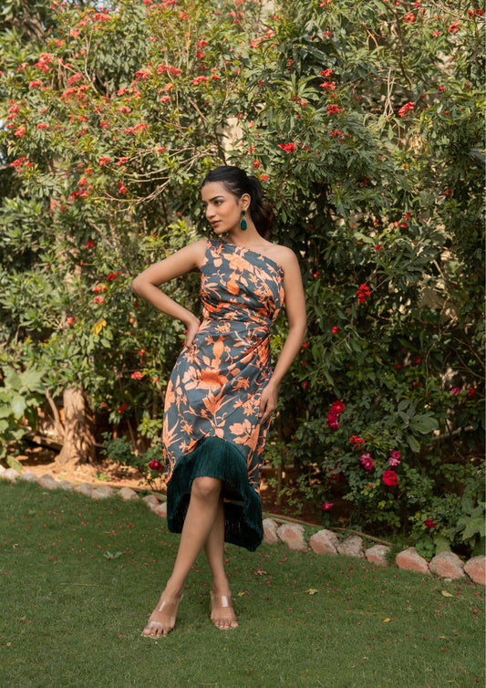 Butter Cup - Bottle Green One Shoulder Dress